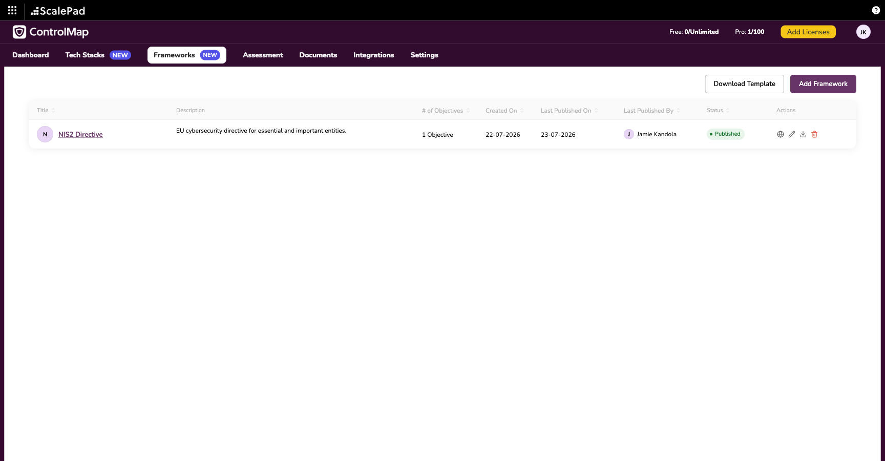 The Frameworks list in the MSP portal