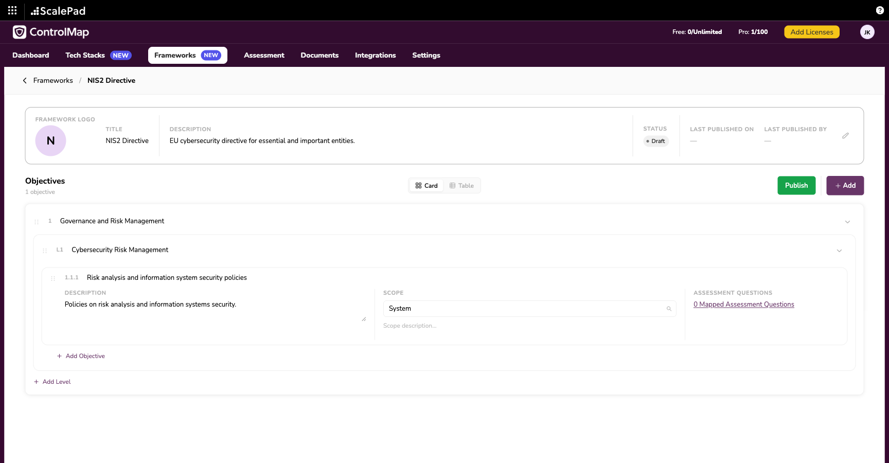 The framework builder — domain, level, objective, and scope