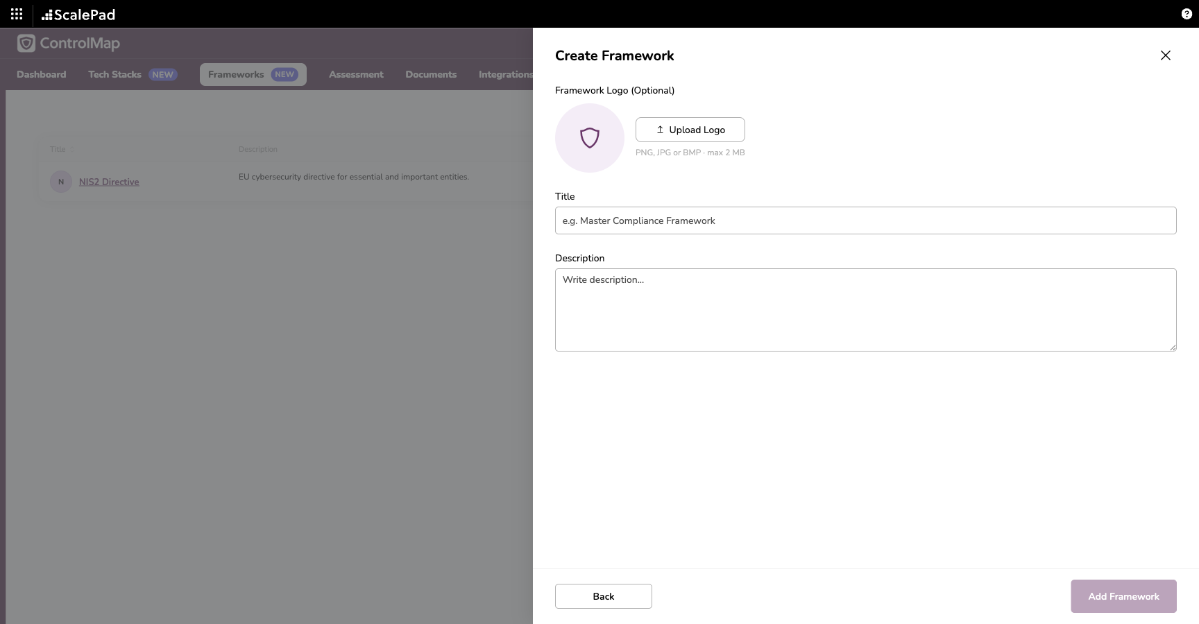 The Create Framework panel