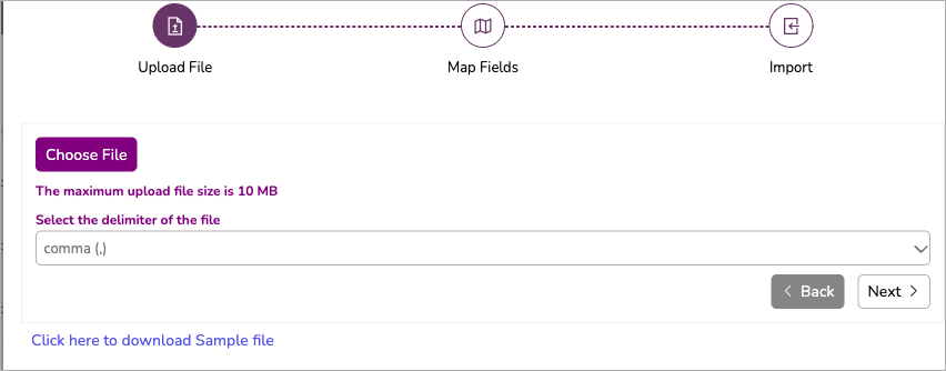 The Import objectives wizard — Upload File, Map Fields, Import