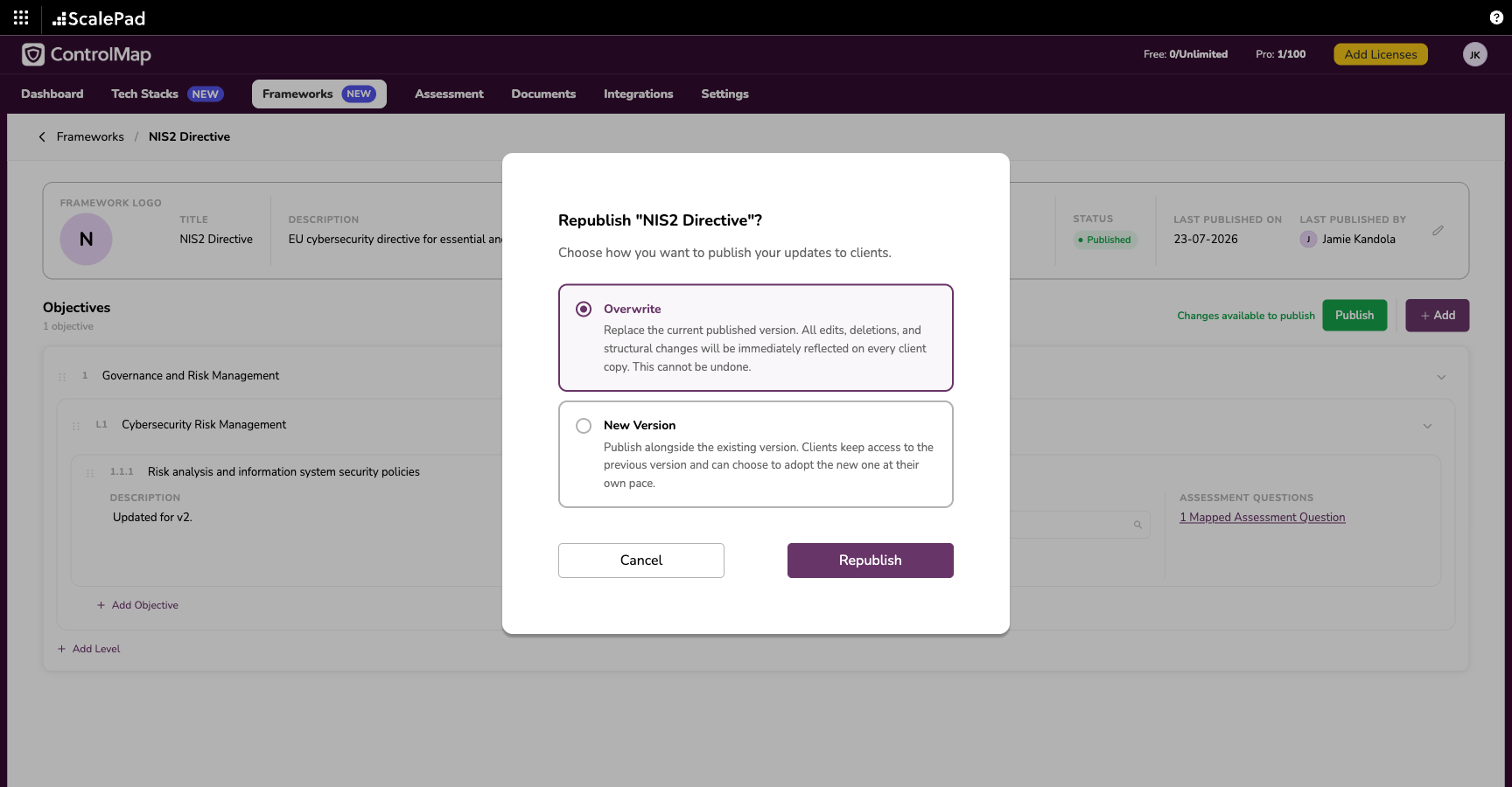 Choosing Overwrite or New Version when republishing