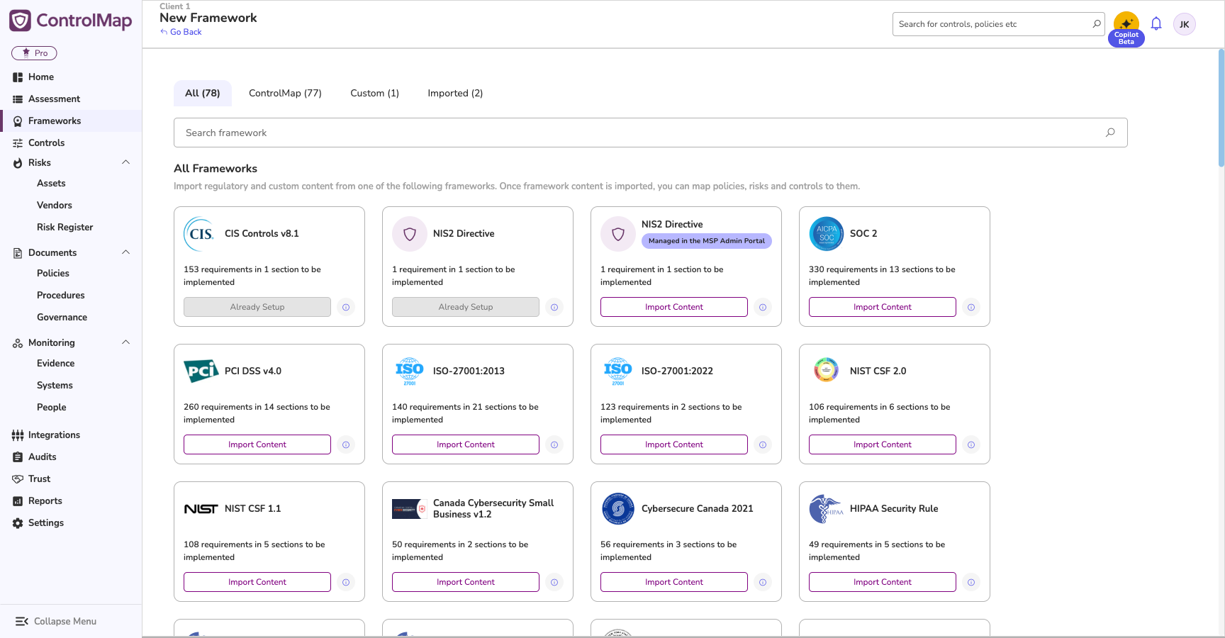 The client's New Framework screen — All view with search
