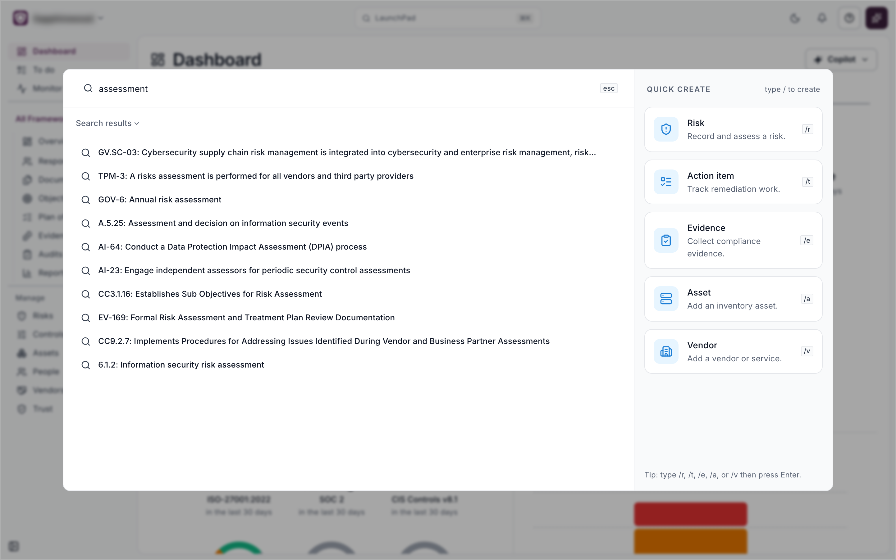 LaunchPad search results for the word assessment, each listed as an ID and title