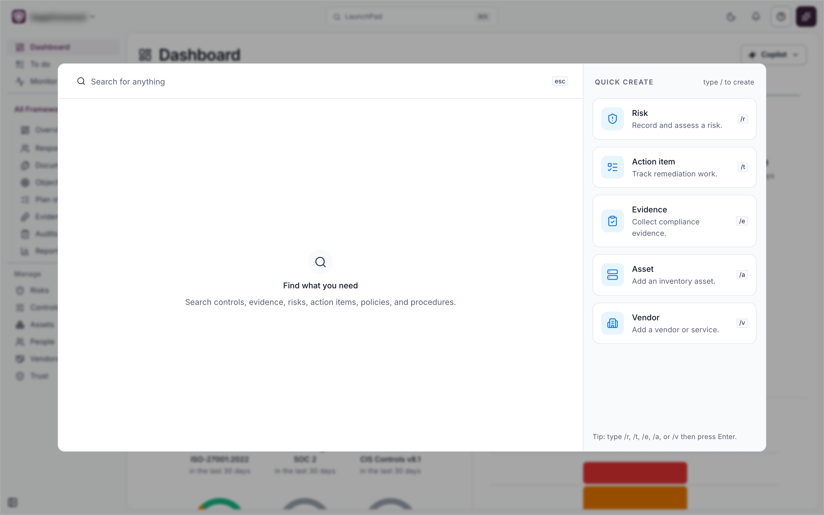 LaunchPad open with the search box on the left and the Quick create tiles on the right