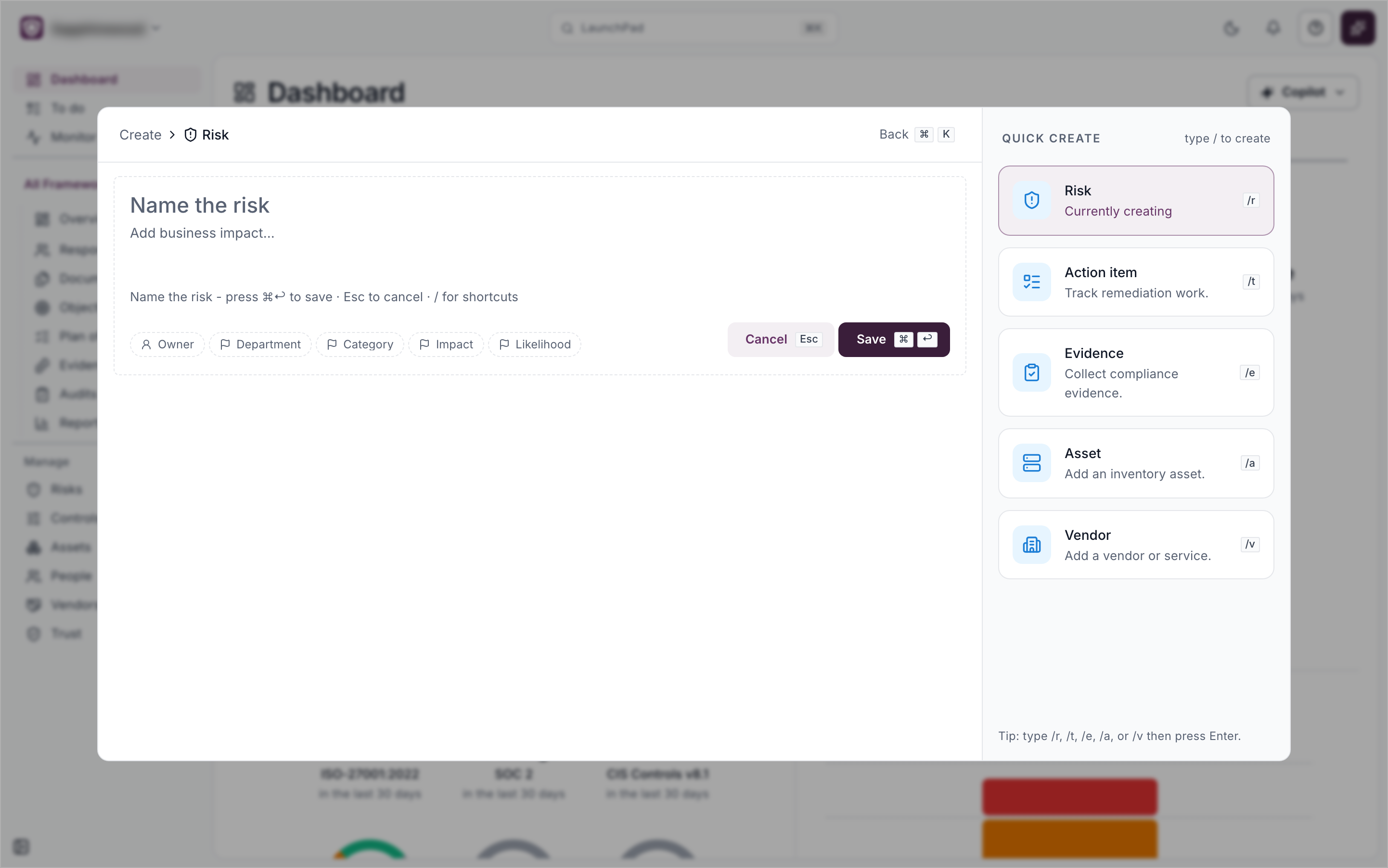 The Create Risk form with a name box and the Owner, Department, Category, Impact and Likelihood fields