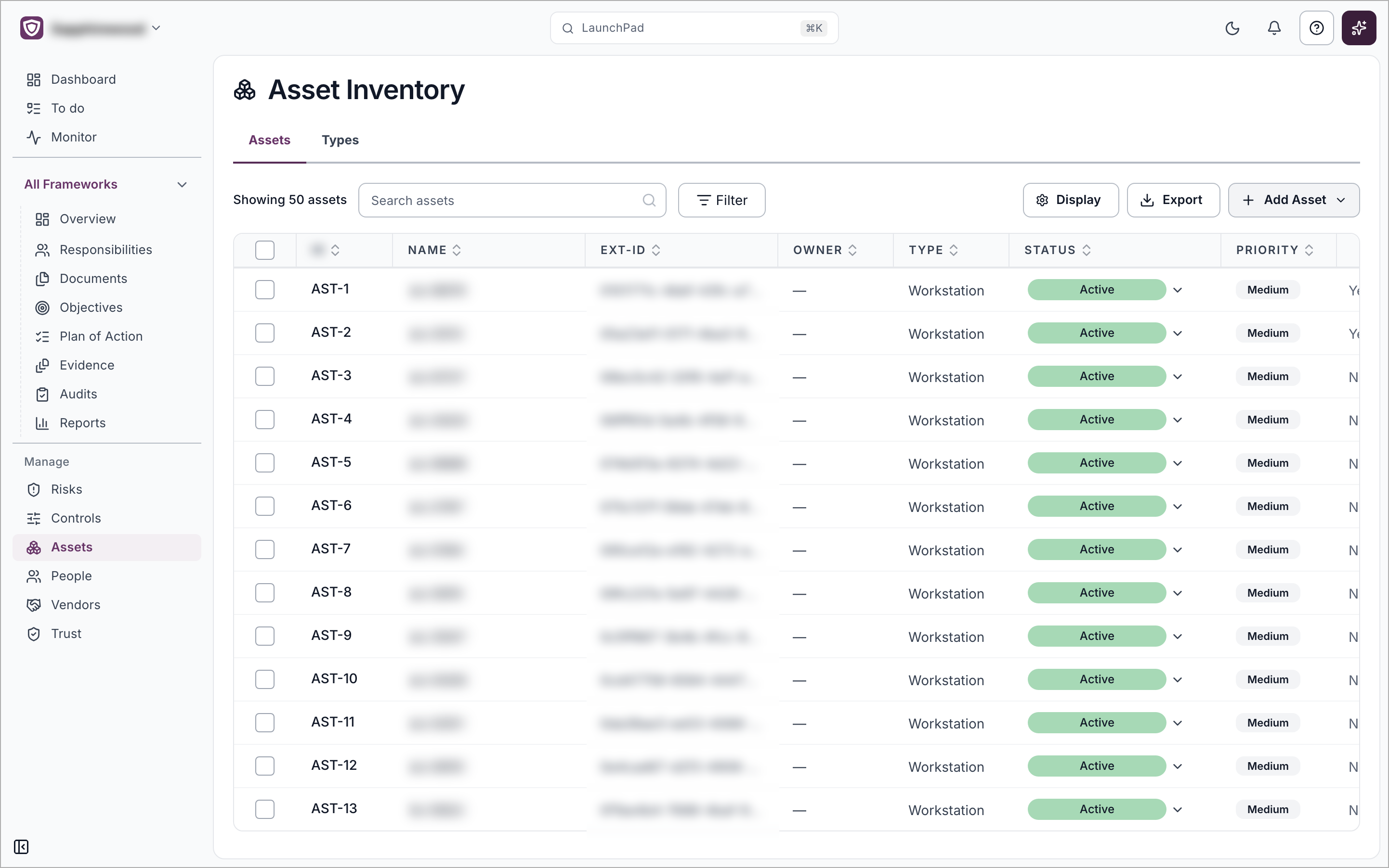 The Asset Inventory page with the Assets tab open, showing the search box, Filter, Display, Export and Add Asset controls above the asset table