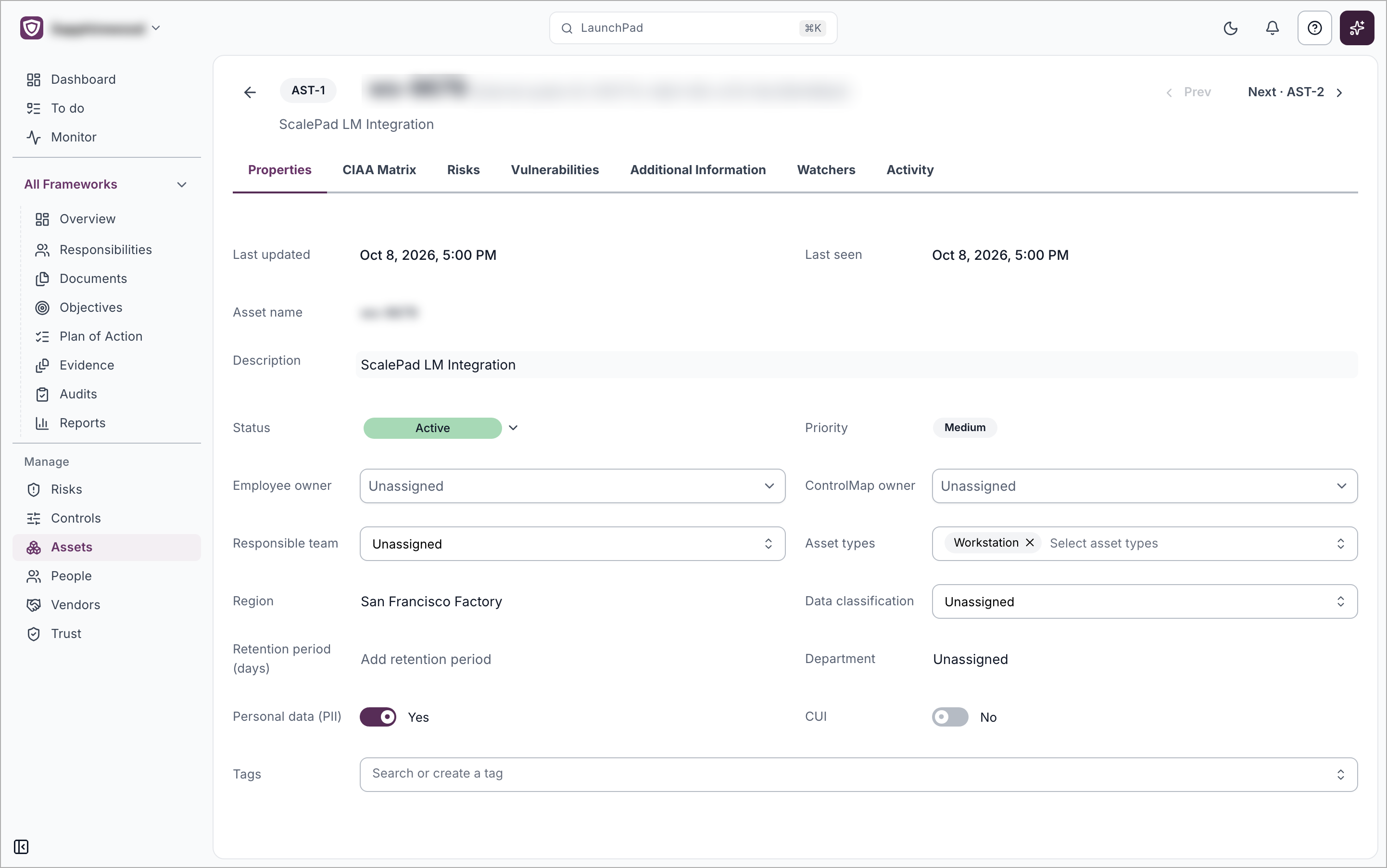 An asset record with the Properties tab open, showing fields such as Status, Priority, Employee owner and Asset types