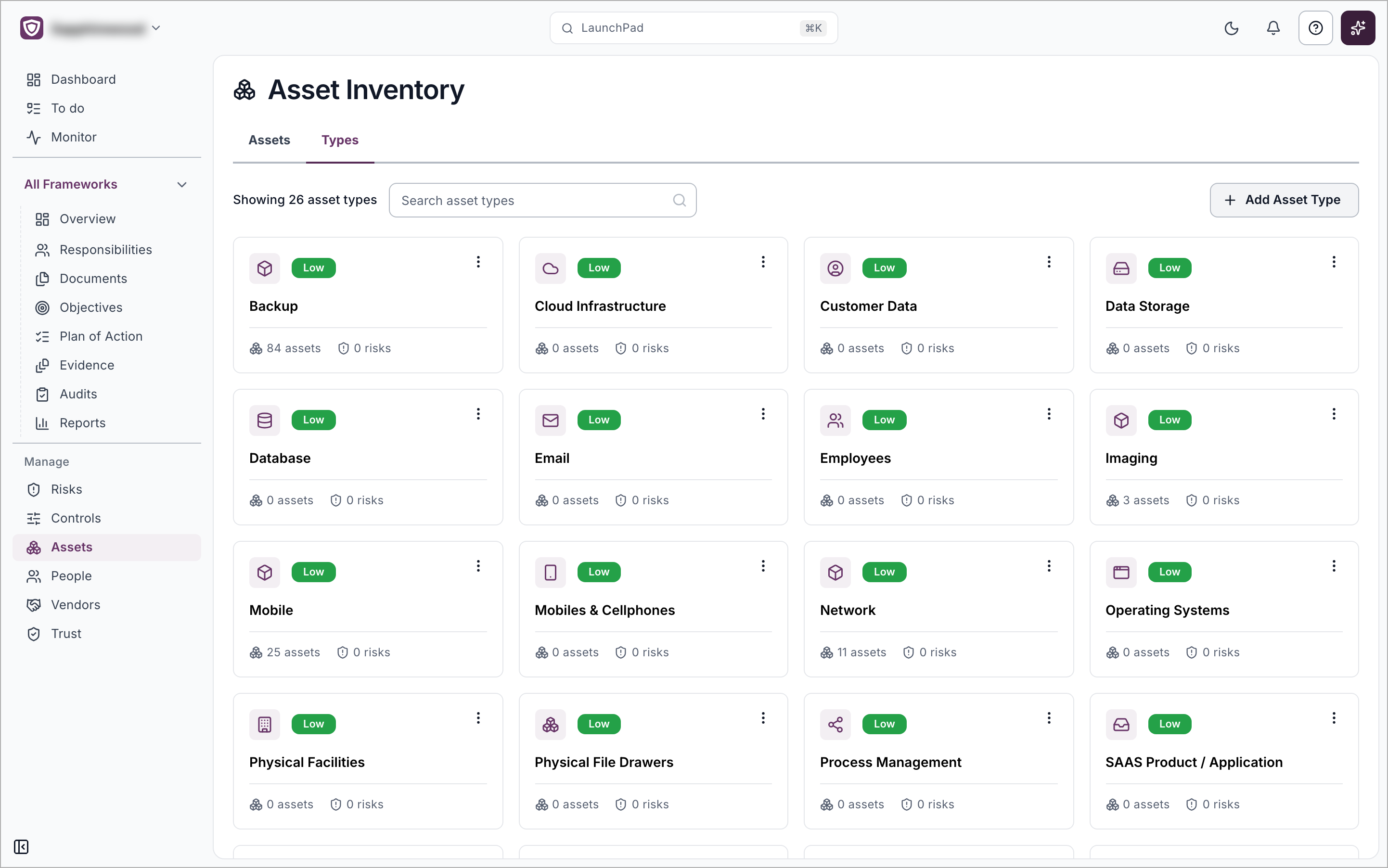 The Types tab showing asset type cards with a risk level, the type name and the number of assets and risks