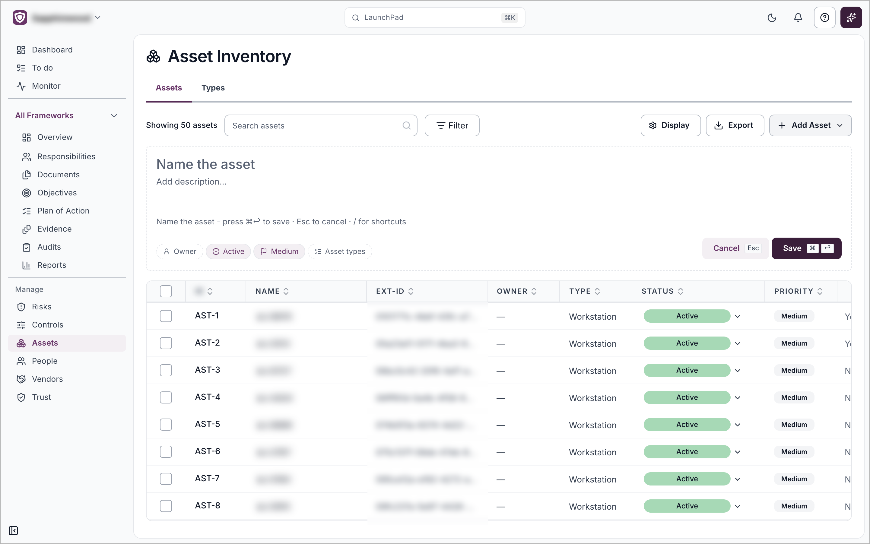 The new asset form open above the asset list, with a name field, a description field and Owner, status, priority and Asset types chips