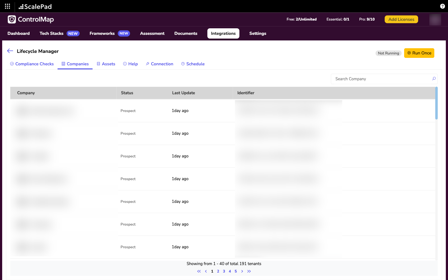 The Companies tab listing synced Lifecycle Manager clients with their Prospect status, last update and identifier
