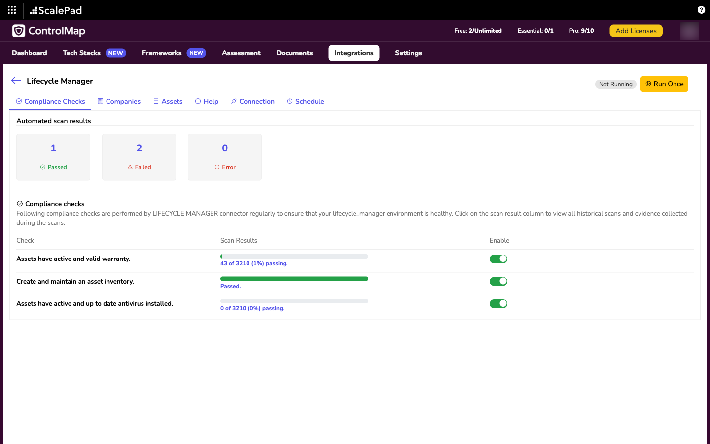 The Compliance Checks tab with the Passed, Failed and Error tiles and the three checks, each with a scan result and an Enable toggle