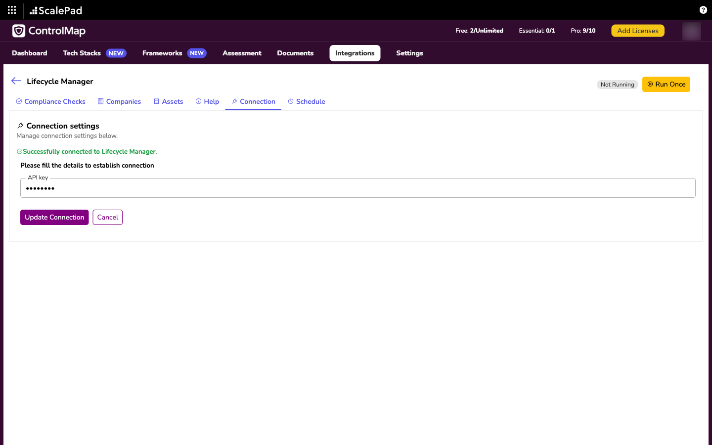 The Connection tab showing the connected message and the API key field with its value hidden