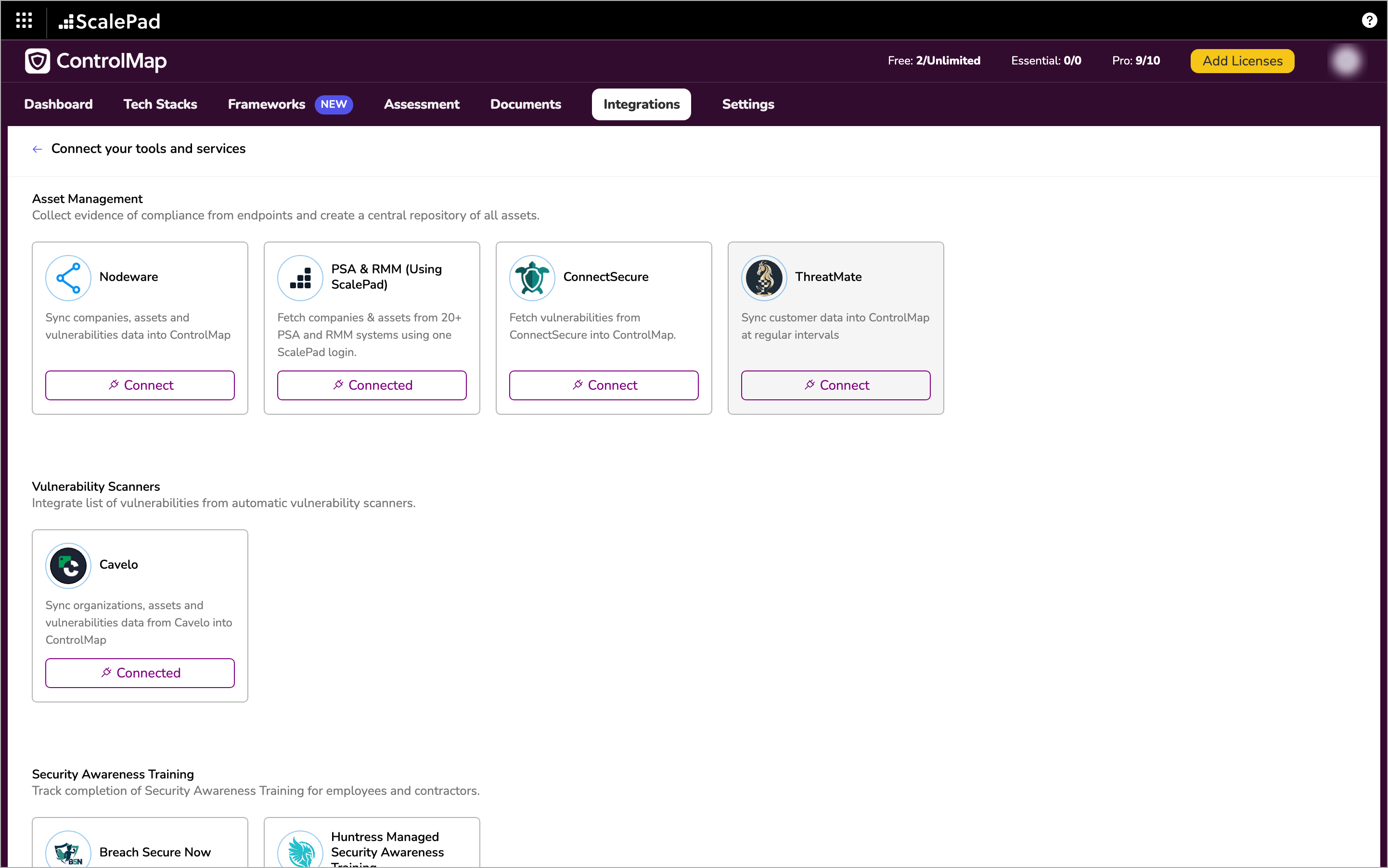 The Connect your tools and services page with the ThreatMate card under Asset Management