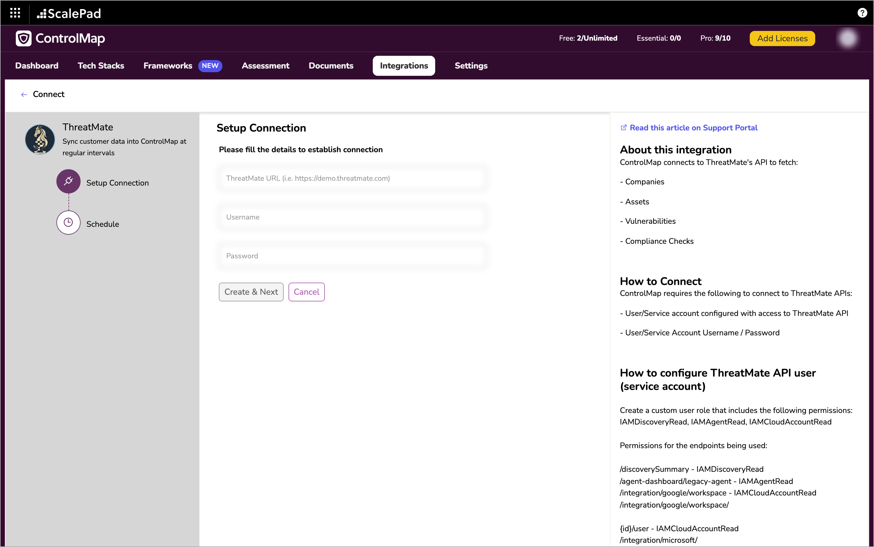 The ThreatMate Connect page on the Setup Connection step, with the ThreatMate URL, Username and Password fields and a Help panel on the right