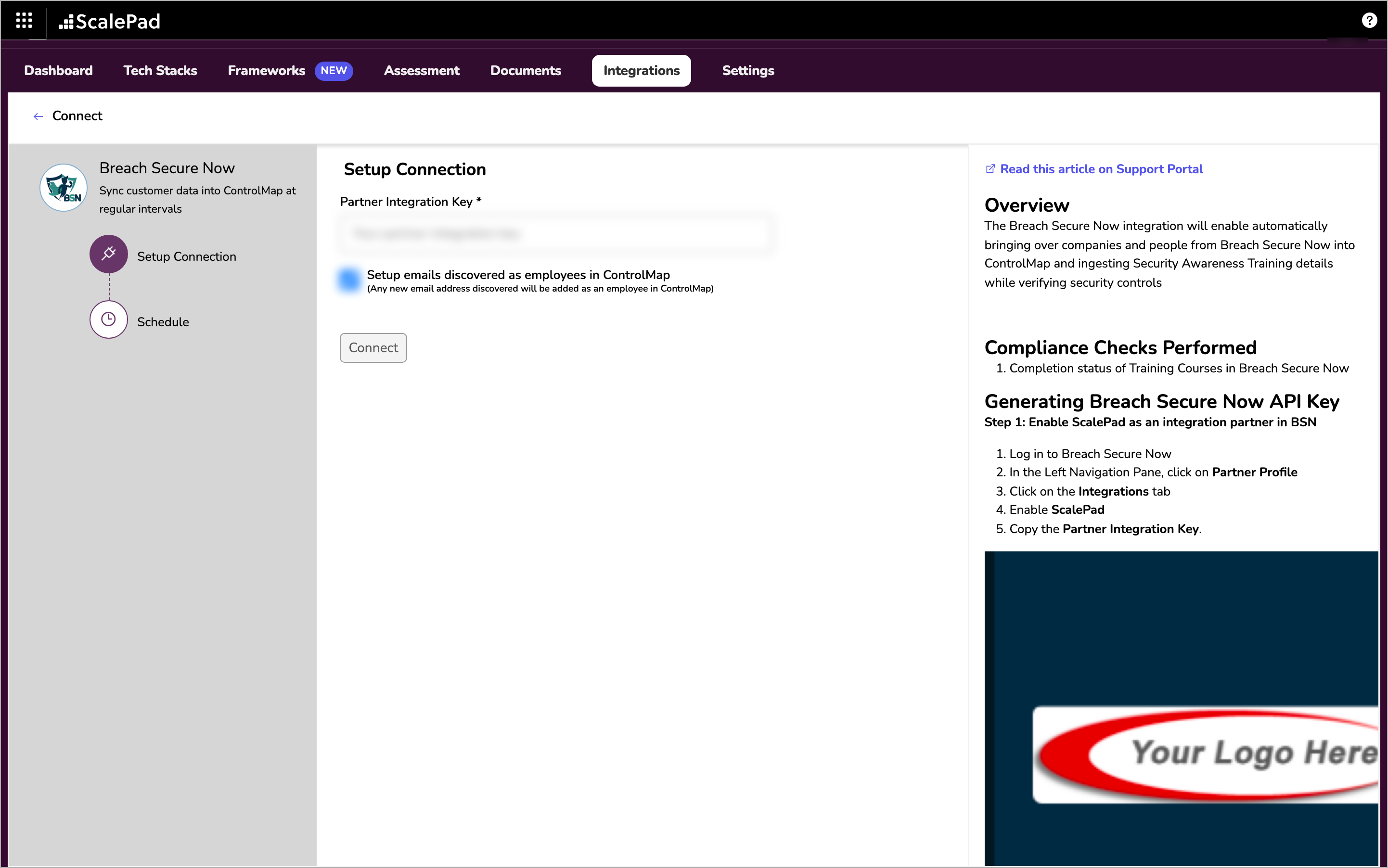 The Setup Connection step with the Partner Integration Key field, the employee checkbox and the Connect button