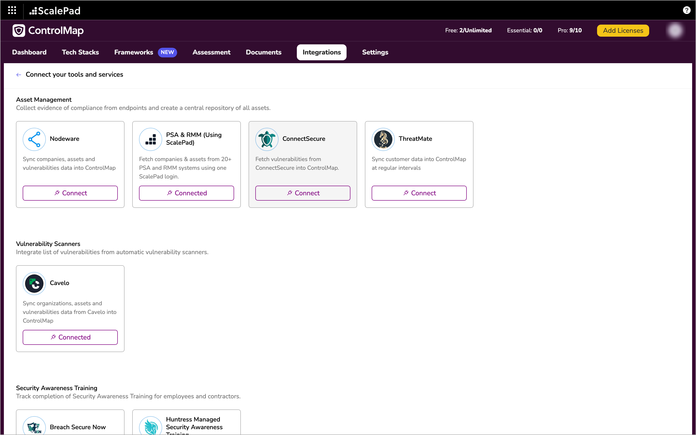 The Connect your tools and services page with the ConnectSecure card in the Asset Management group