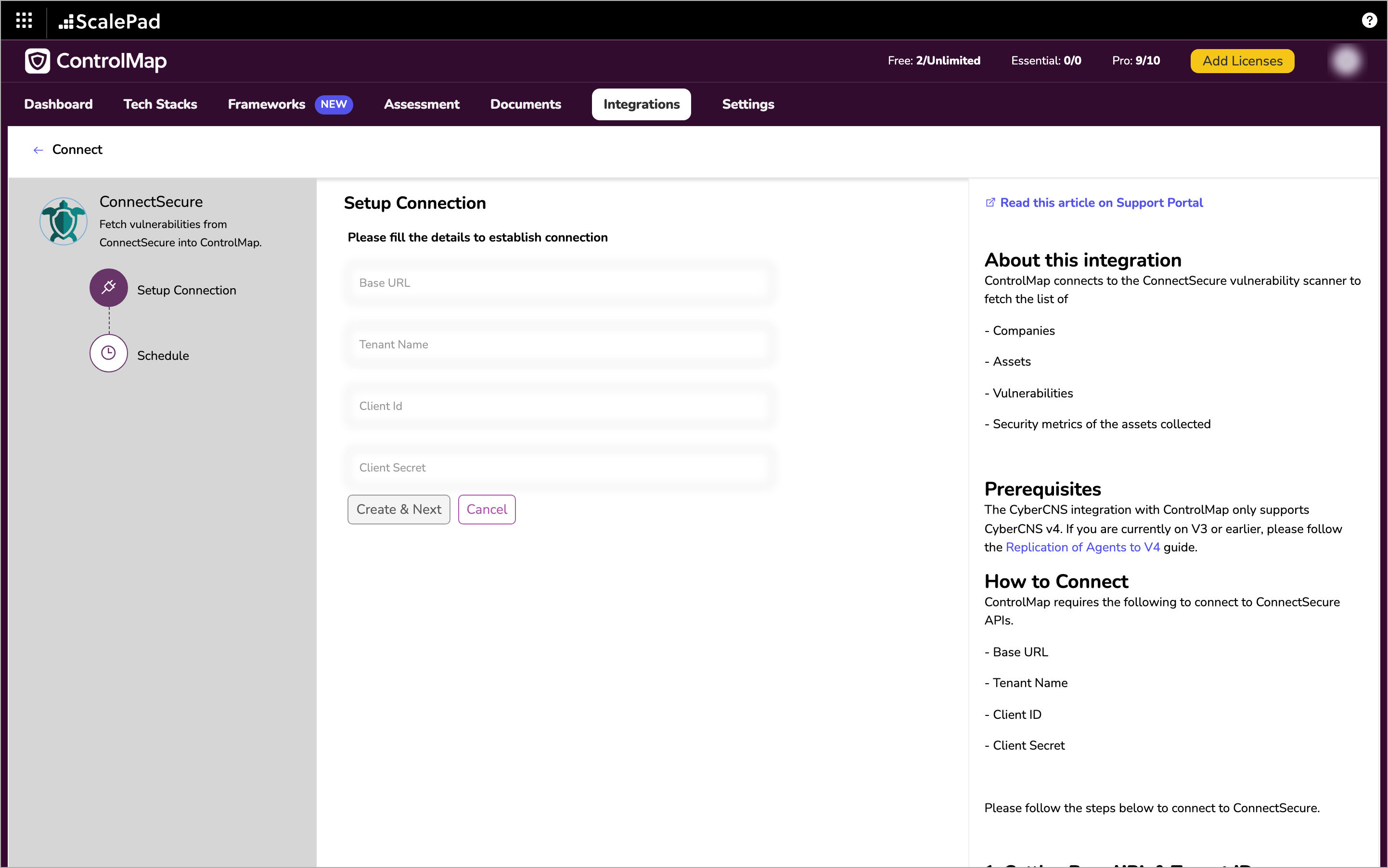 The Setup Connection step with the Base URL, Tenant Name, Client Id and Client Secret fields and the Create & Next button