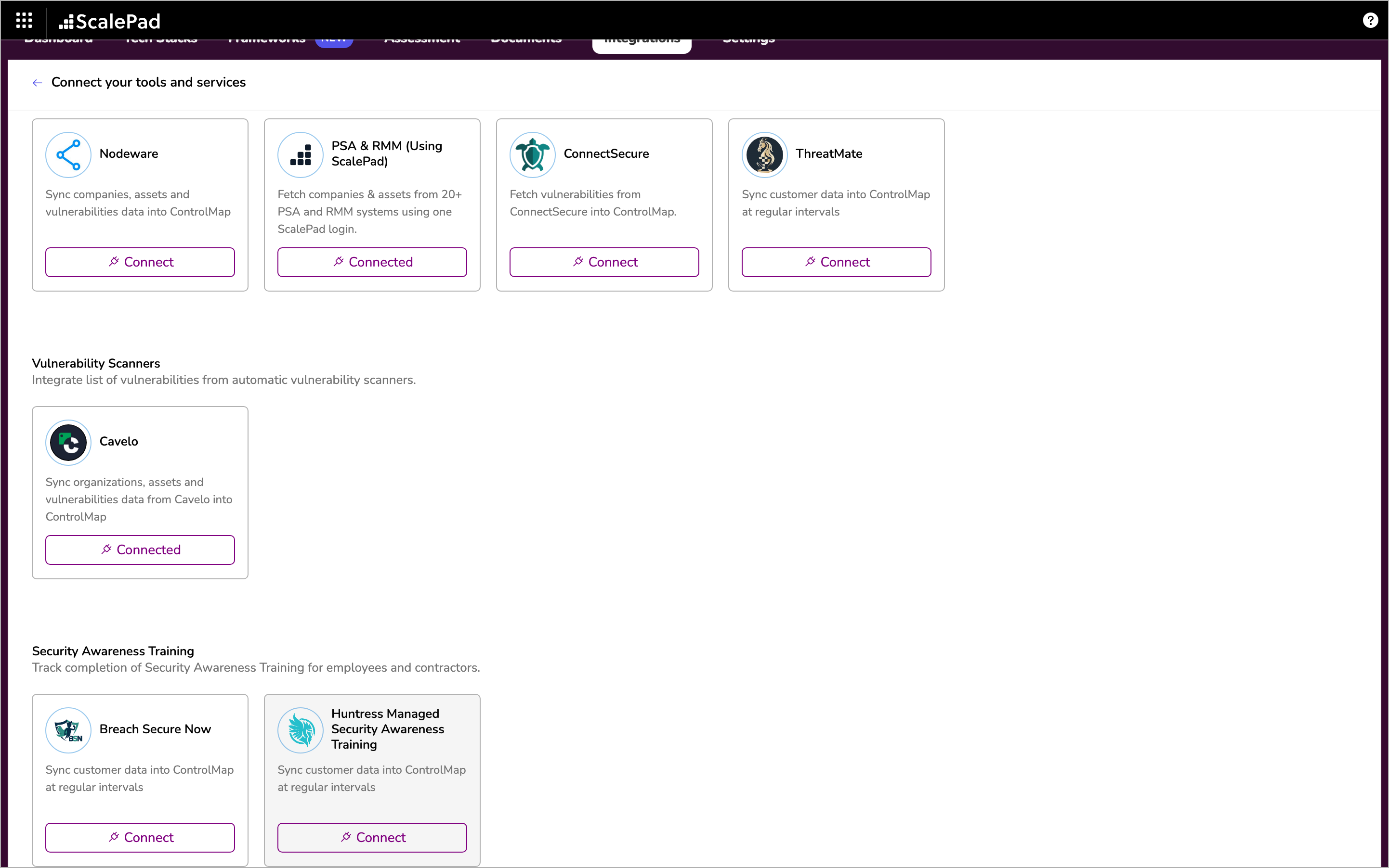 The Connect your tools and services page with the Huntress Managed Security Awareness Training card under Security Awareness Training
