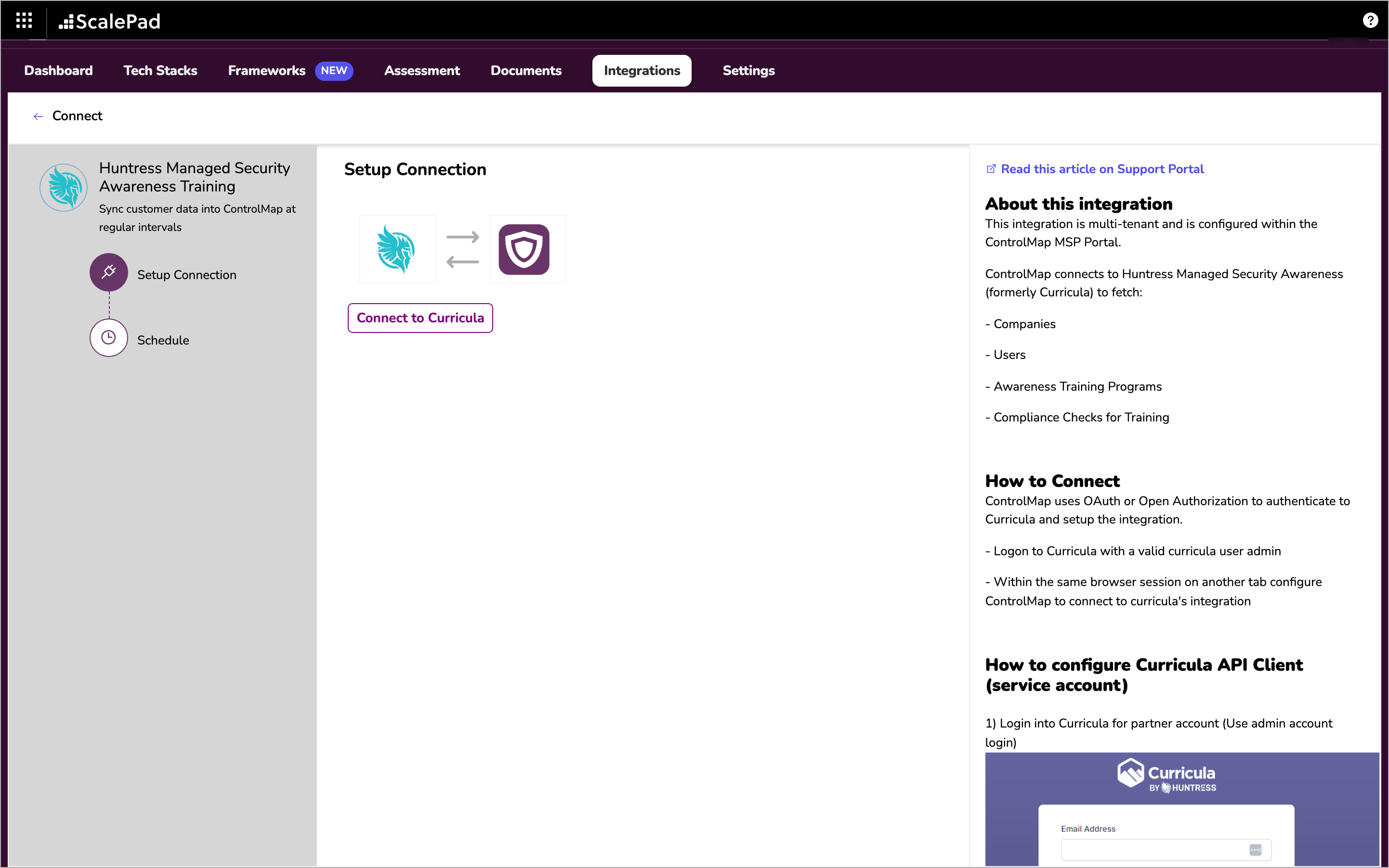 The Connect page on the Setup Connection step with the Connect to Curricula button and the Schedule step listed on the left