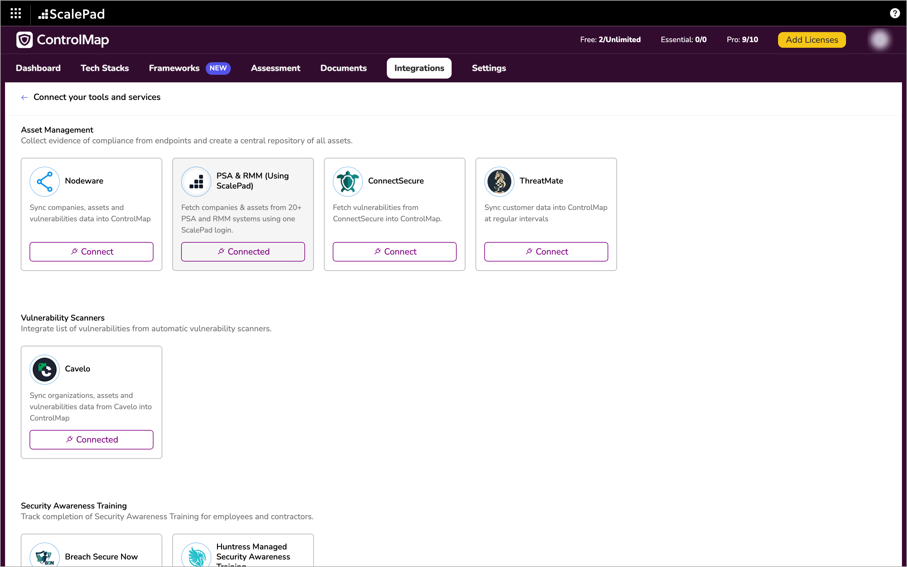 The Connect your tools and services page with the PSA & RMM (Using ScalePad) card under Asset Management