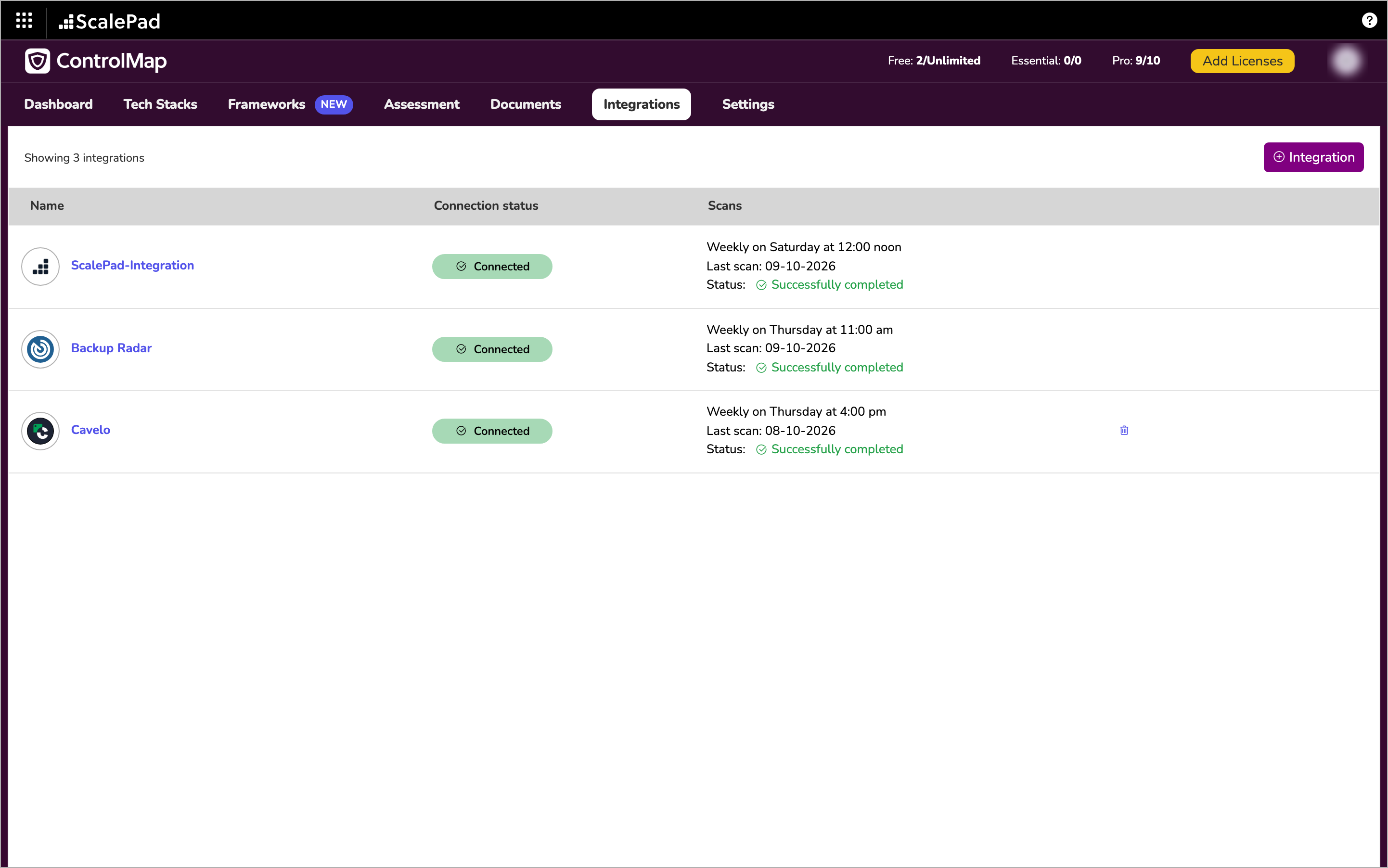 The Integrations list with the ScalePad-Integration row showing Connected, its weekly schedule and the last scan status