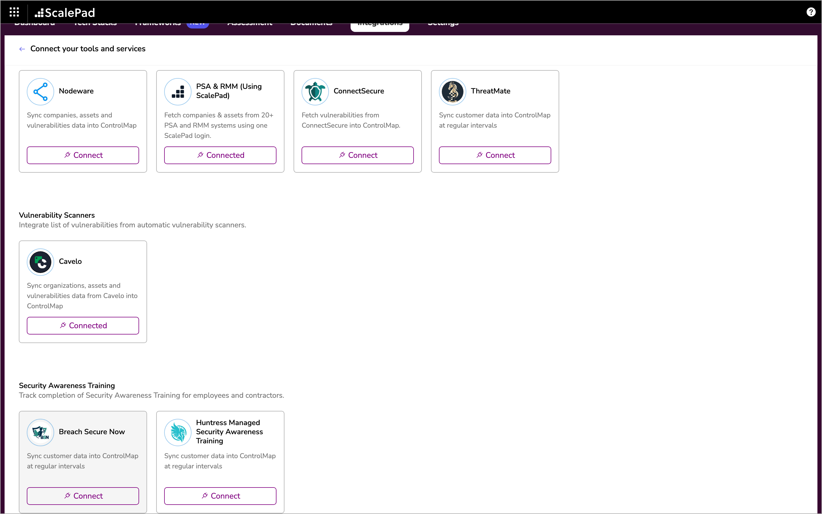 The Connect your tools and services page with the Breach Secure Now card in the Security Awareness Training group