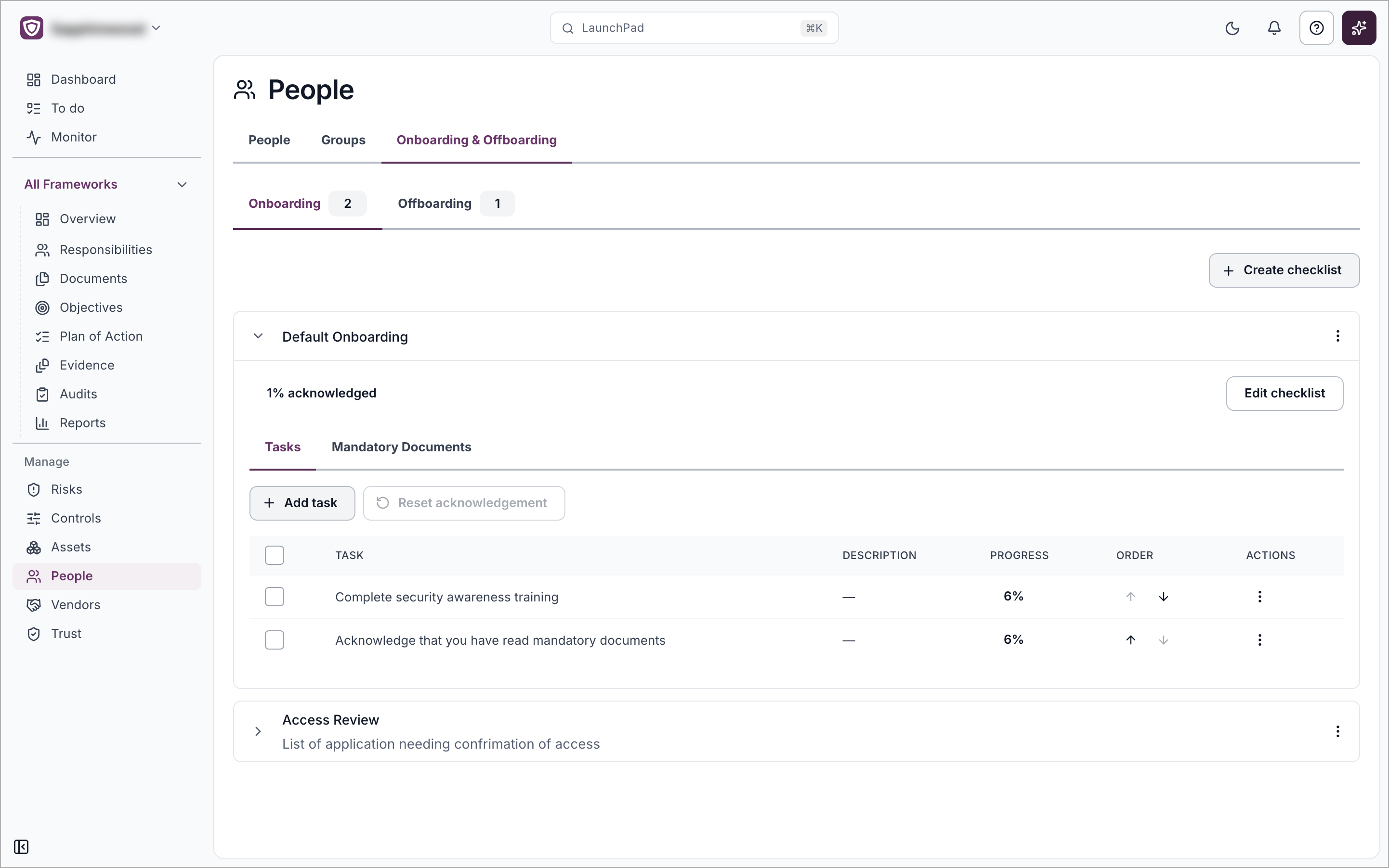 The Onboarding and Offboarding tab showing the Default Onboarding checklist with its tasks