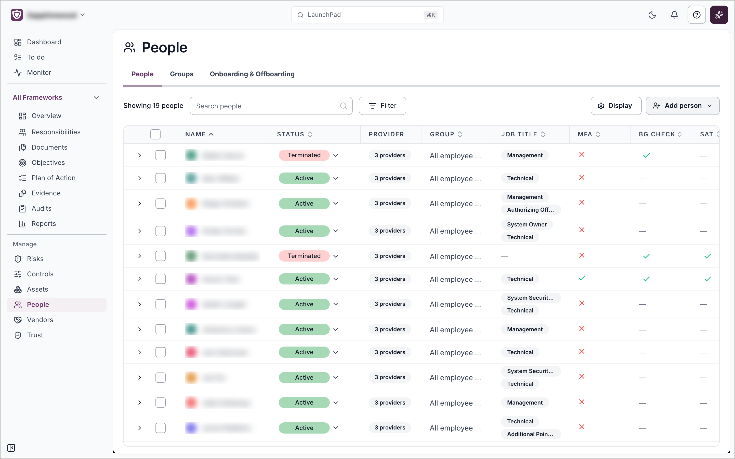 The People tab showing the list of people with status, provider, group, job title, MFA, background check and training columns