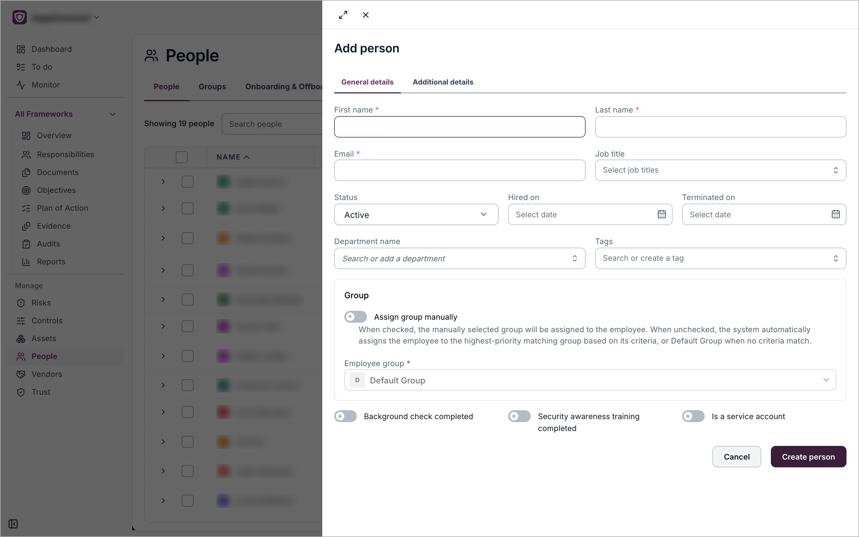 The Add person panel with the General details and Additional details tabs, the Group section and the Create person button