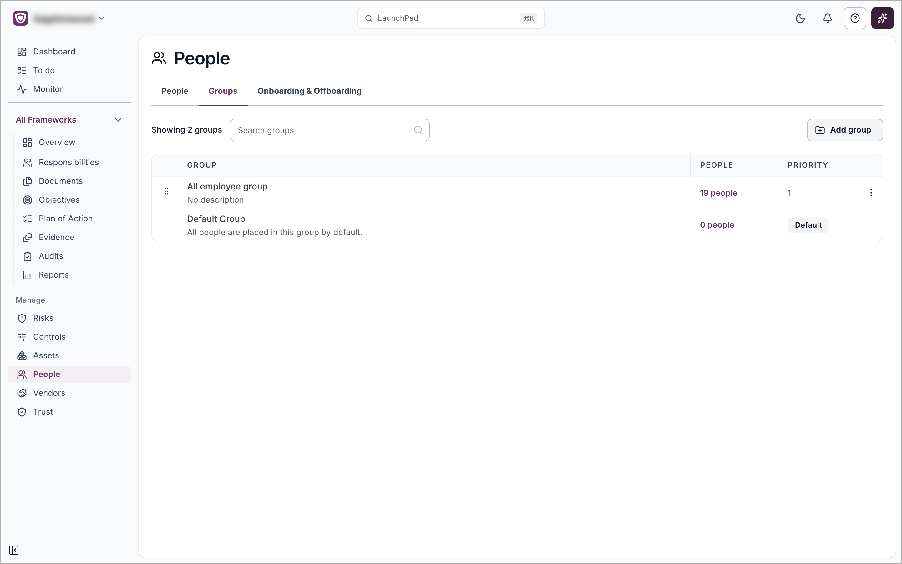 The Groups tab listing each group with its people count and priority