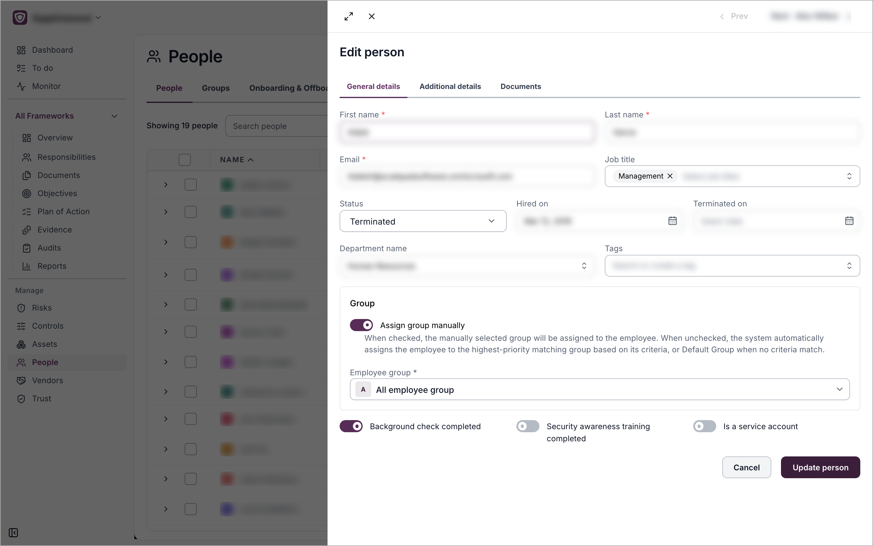 The Edit person panel with the General details, Additional details and Documents tabs and the Update person button