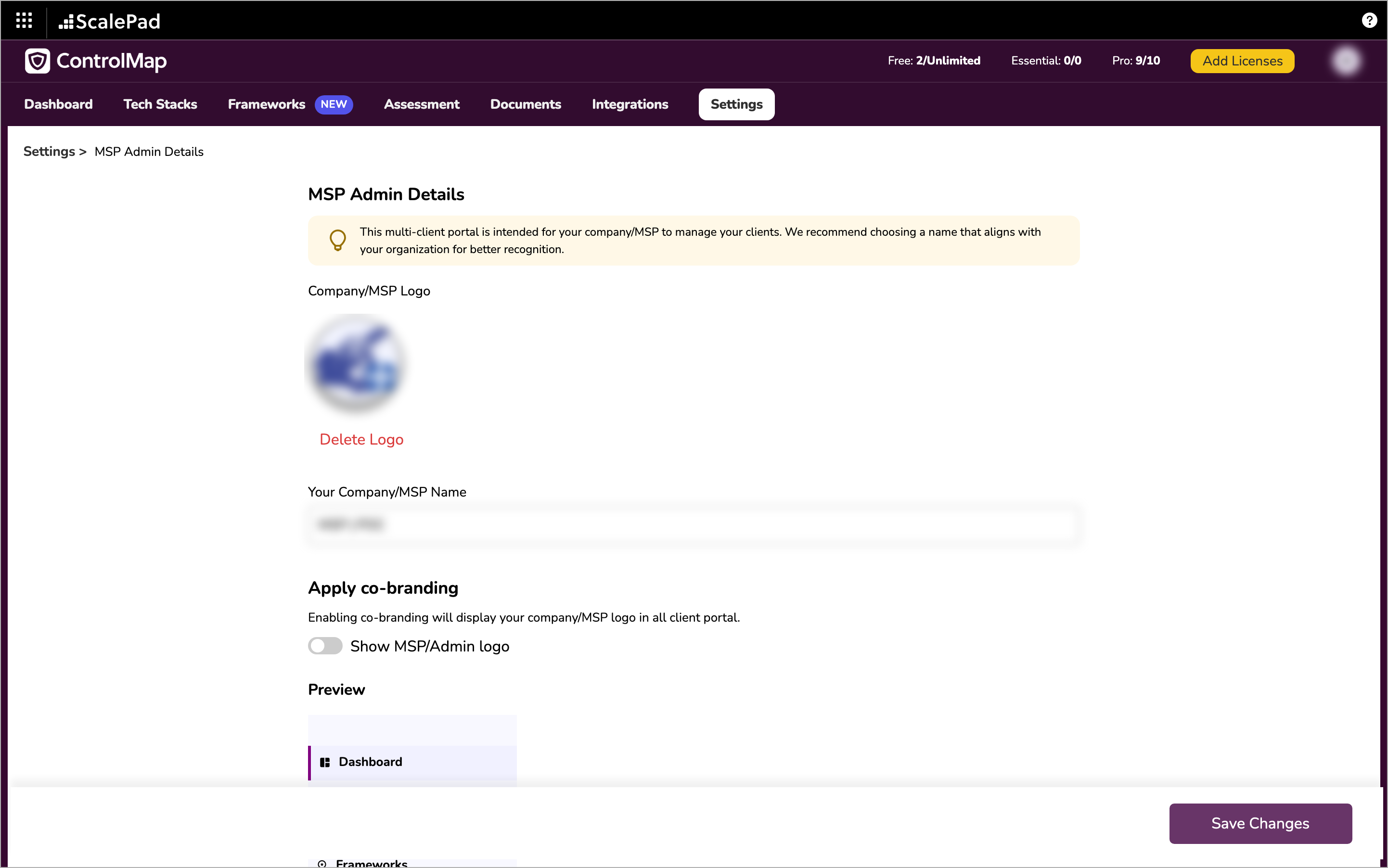 The MSP Admin Details page with the company logo, name field and the Show MSP/Admin logo switch