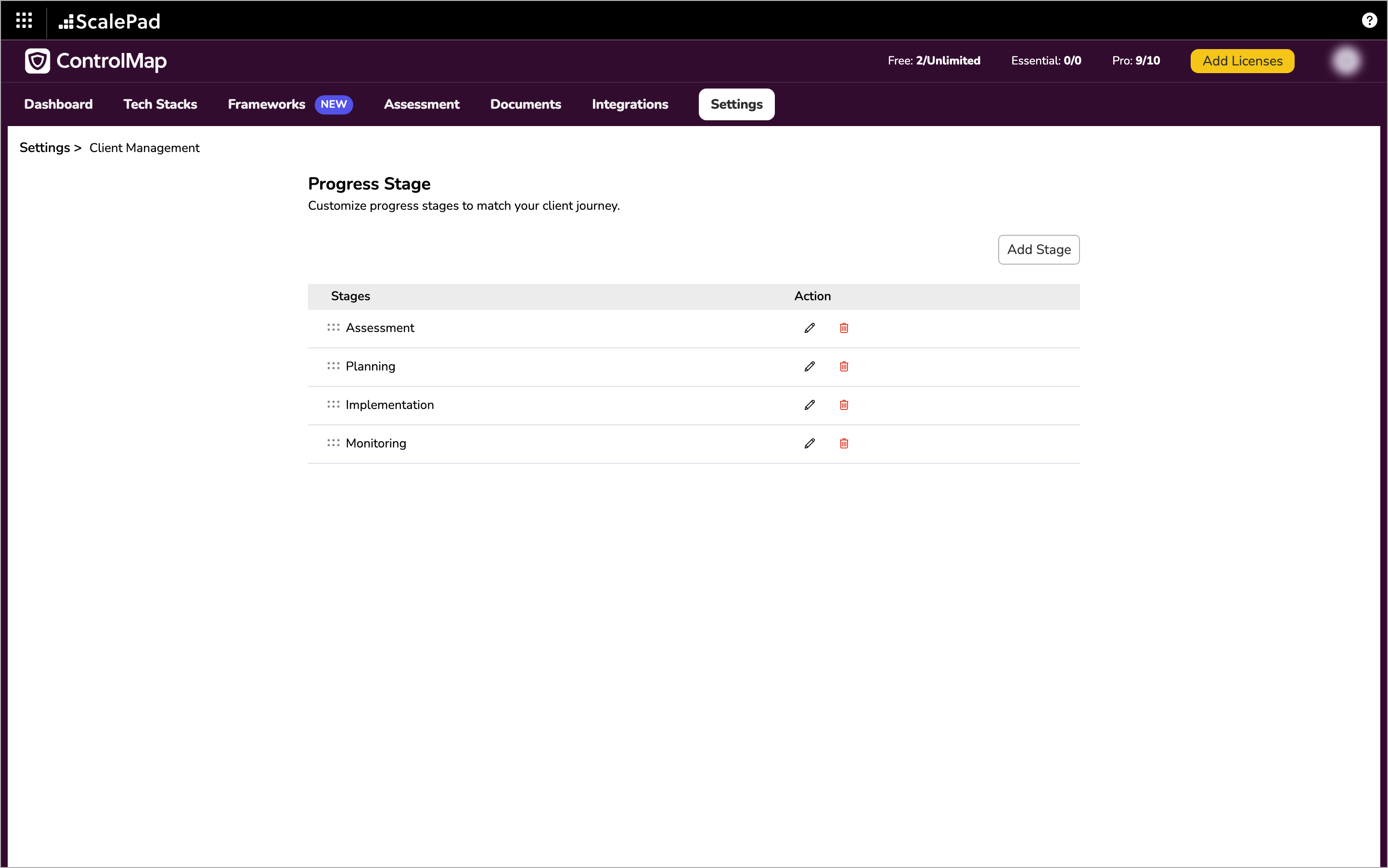The Progress Stage page listing the stages with edit and delete icons and an Add Stage button