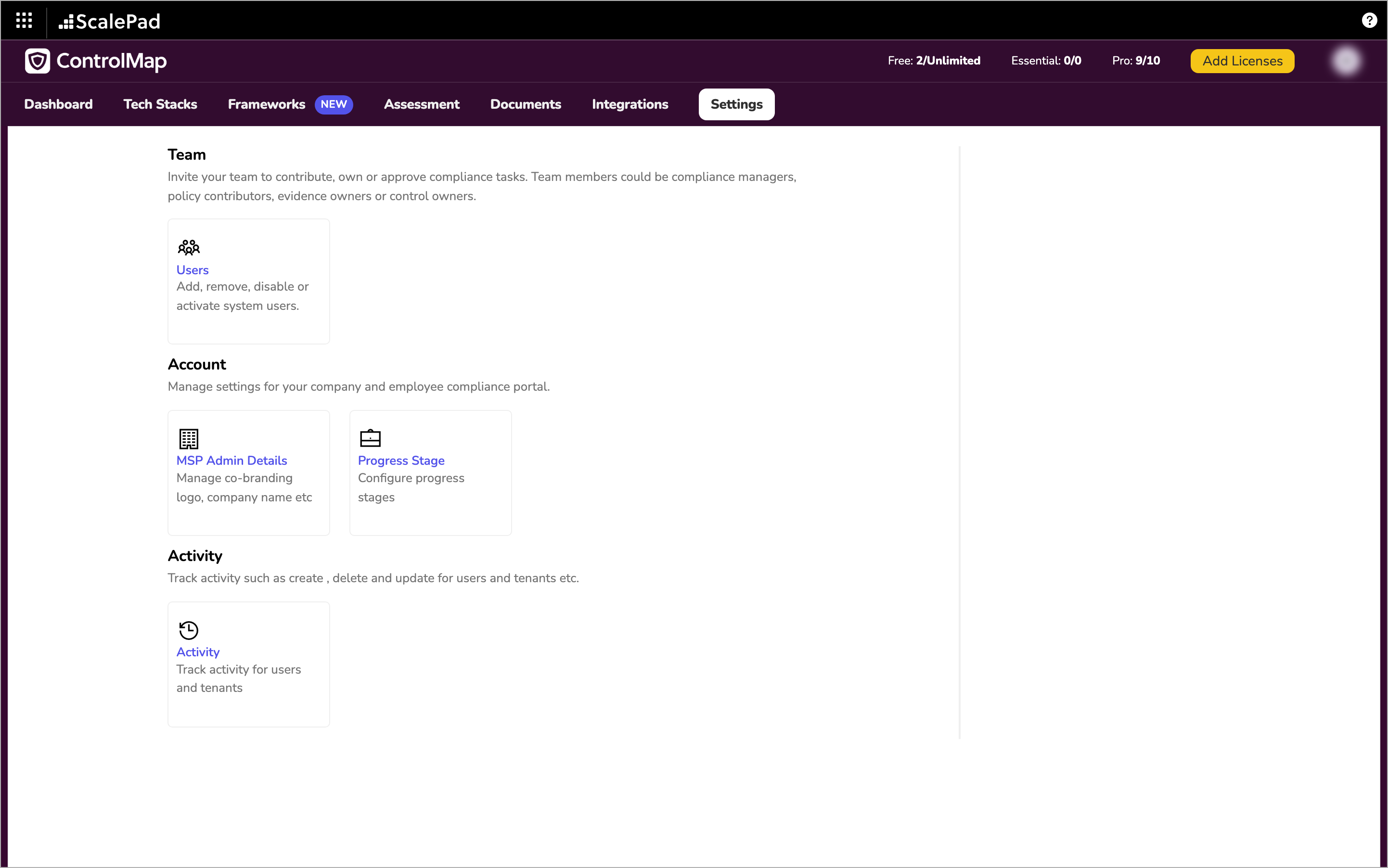The MSP portal Settings page with the Users, MSP Admin Details, Progress Stage and Activity tiles