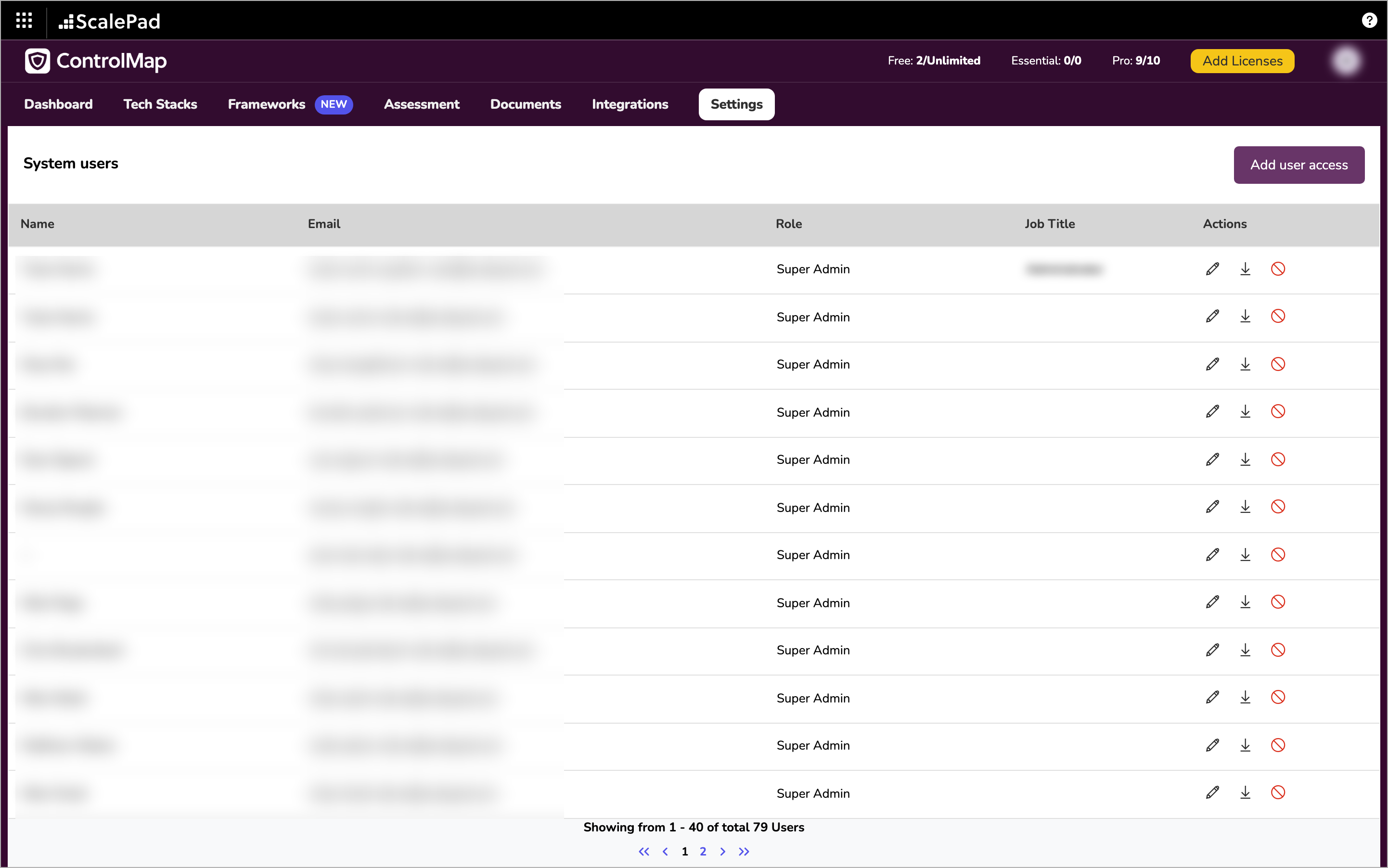 The System users table with the Add user access button and the three action icons on each row