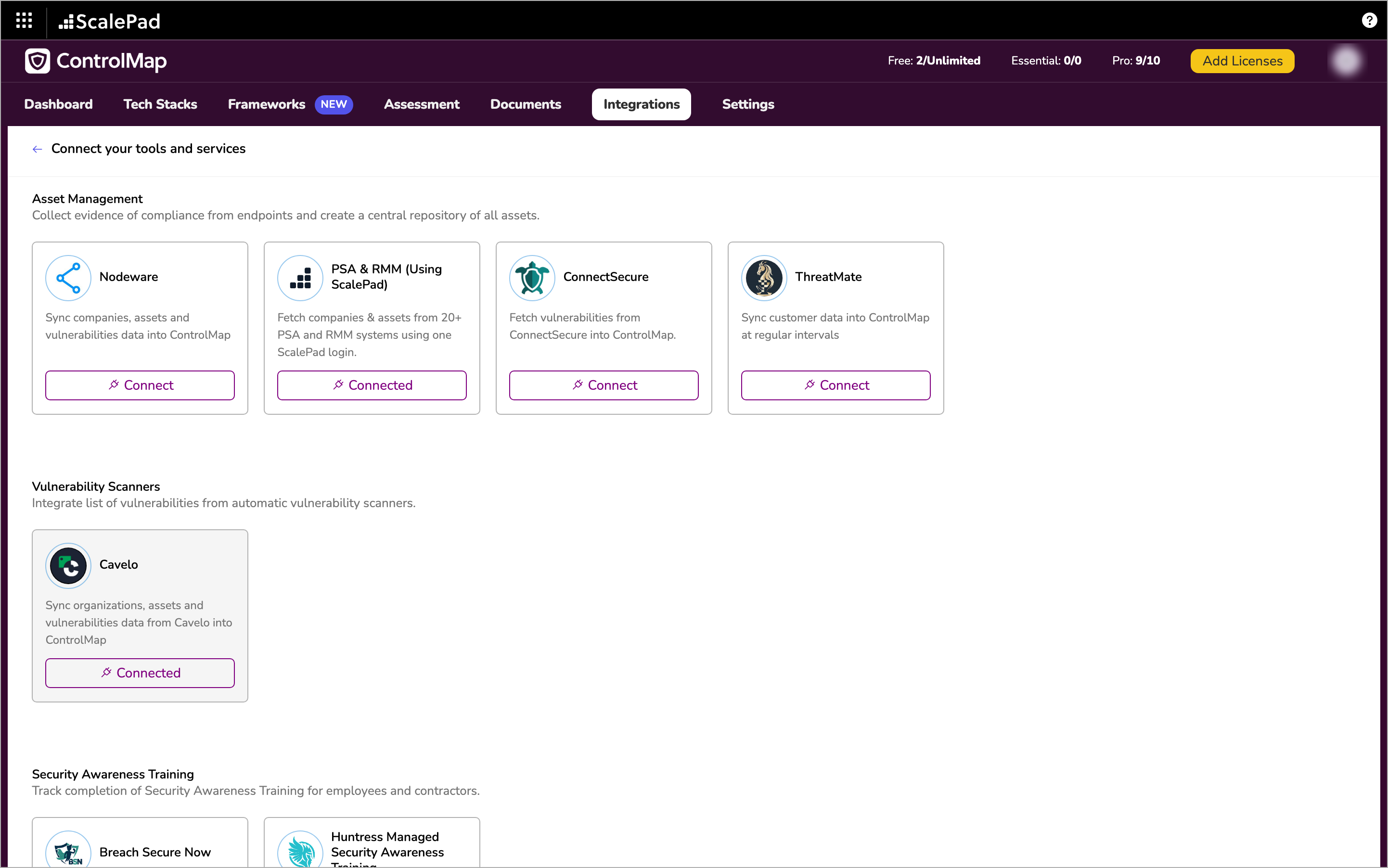 The Connect your tools and services page with the Cavelo card under Vulnerability Scanners