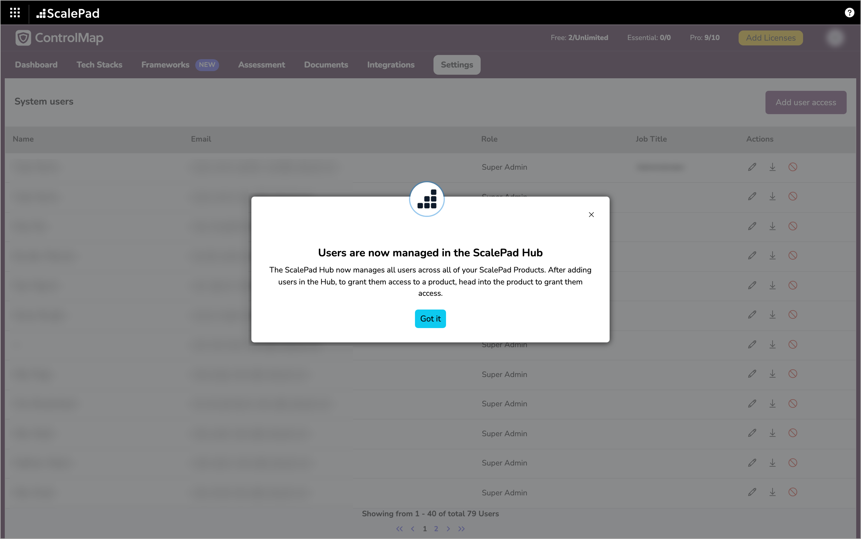 The message Users are now managed in the ScalePad Hub, shown after selecting Add user access