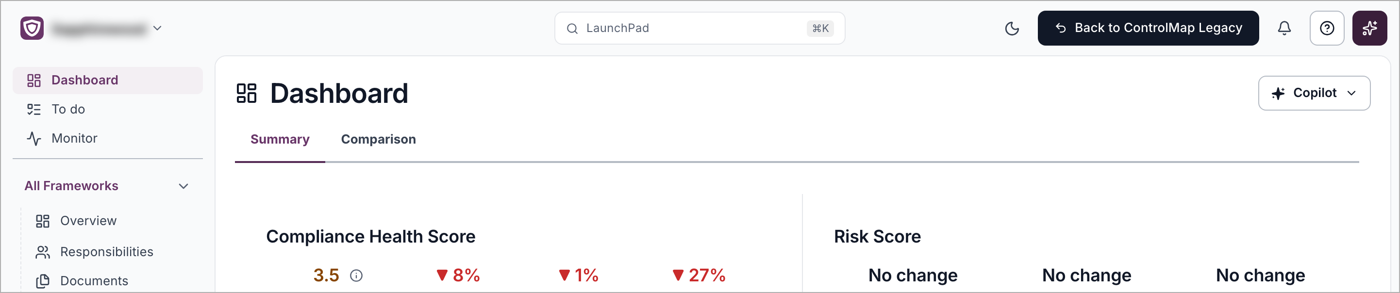 The top bar of the new experience with the Back to ControlMap Legacy button at the top right