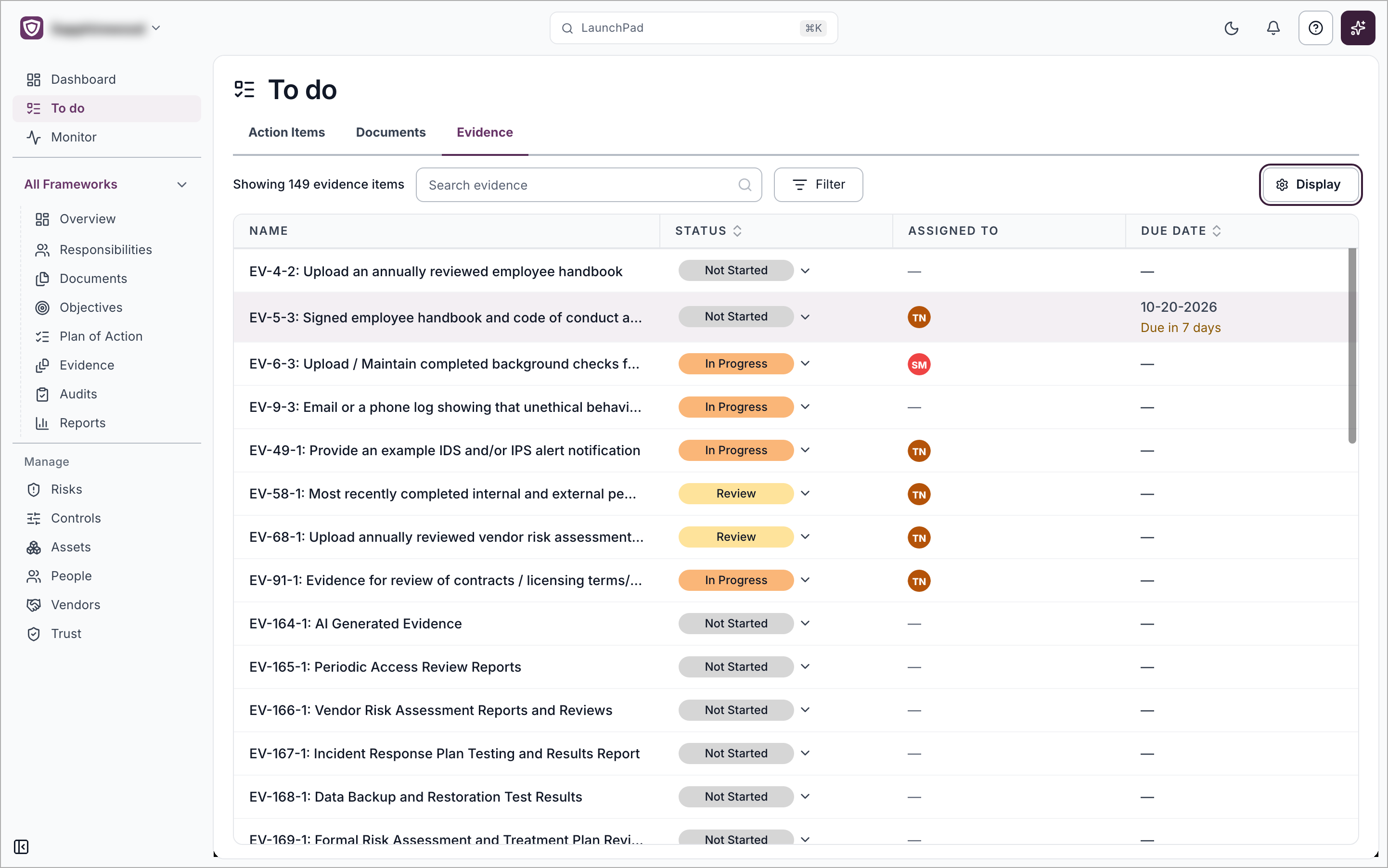The Evidence tab in List view with the columns Name, Status, Assigned to and Due Date