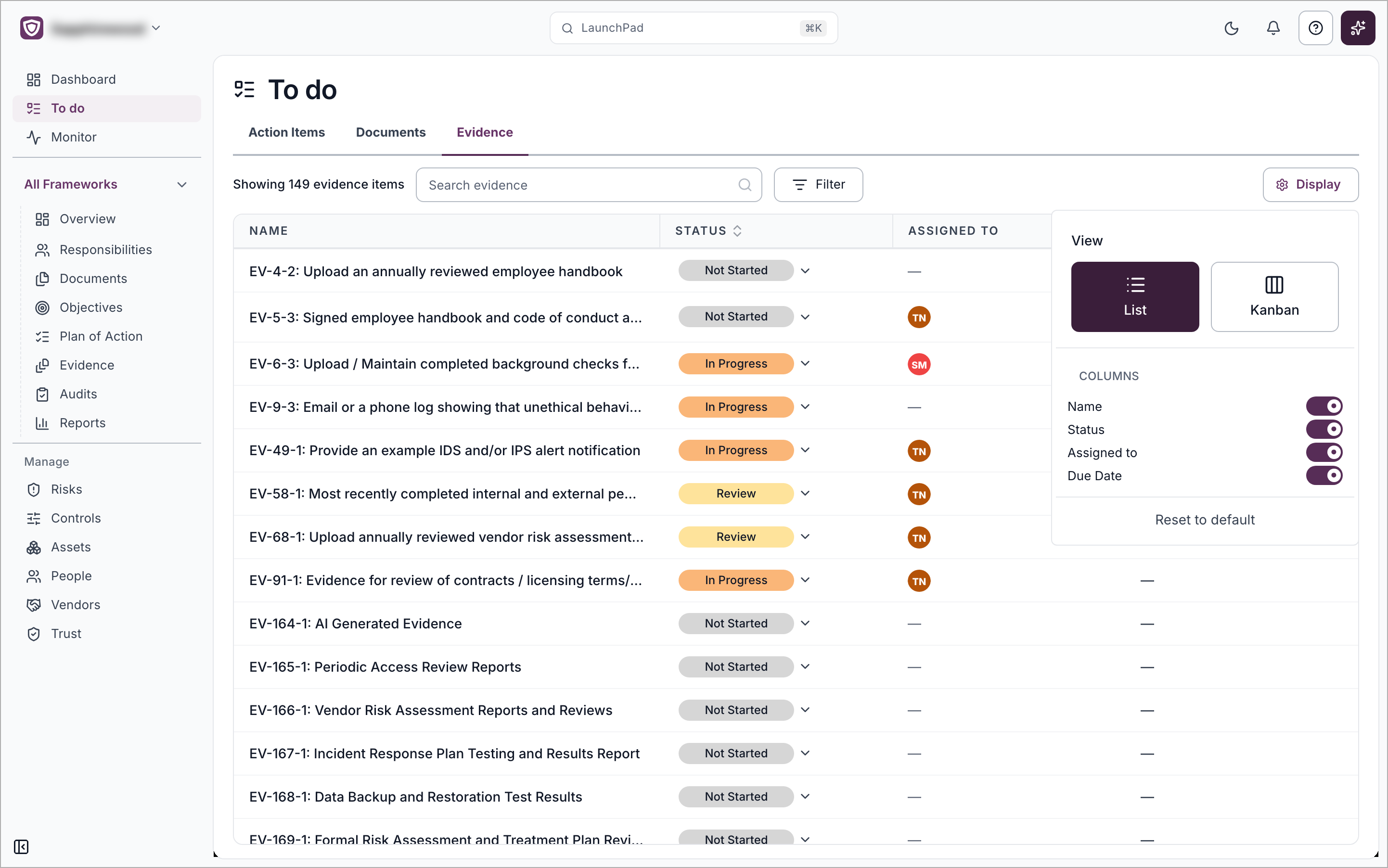 The Display menu open in List view, with the View tiles List and Kanban, the Columns switches and Reset to default