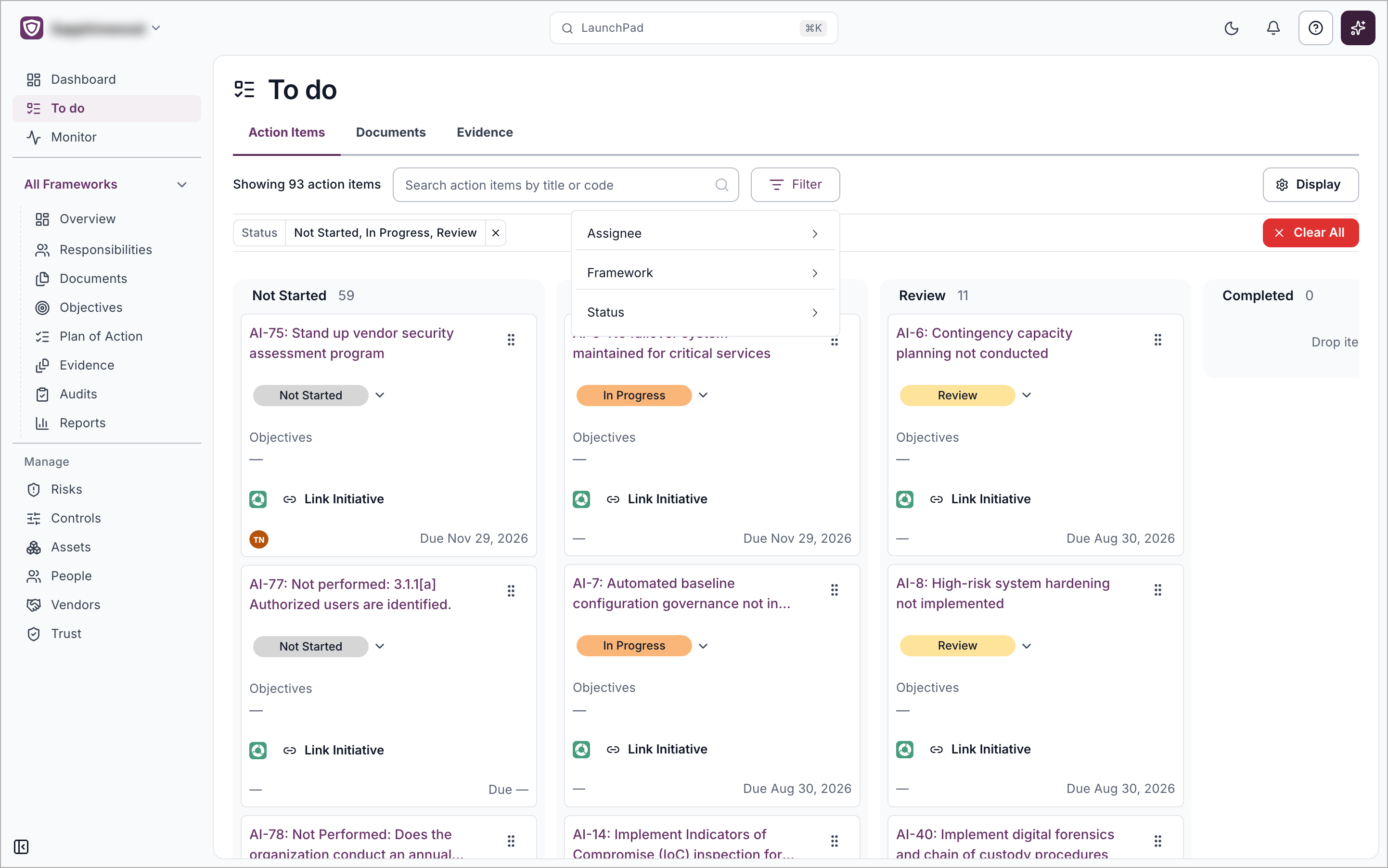 The Filter menu open on the Action Items tab, listing Assignee, Framework and Status