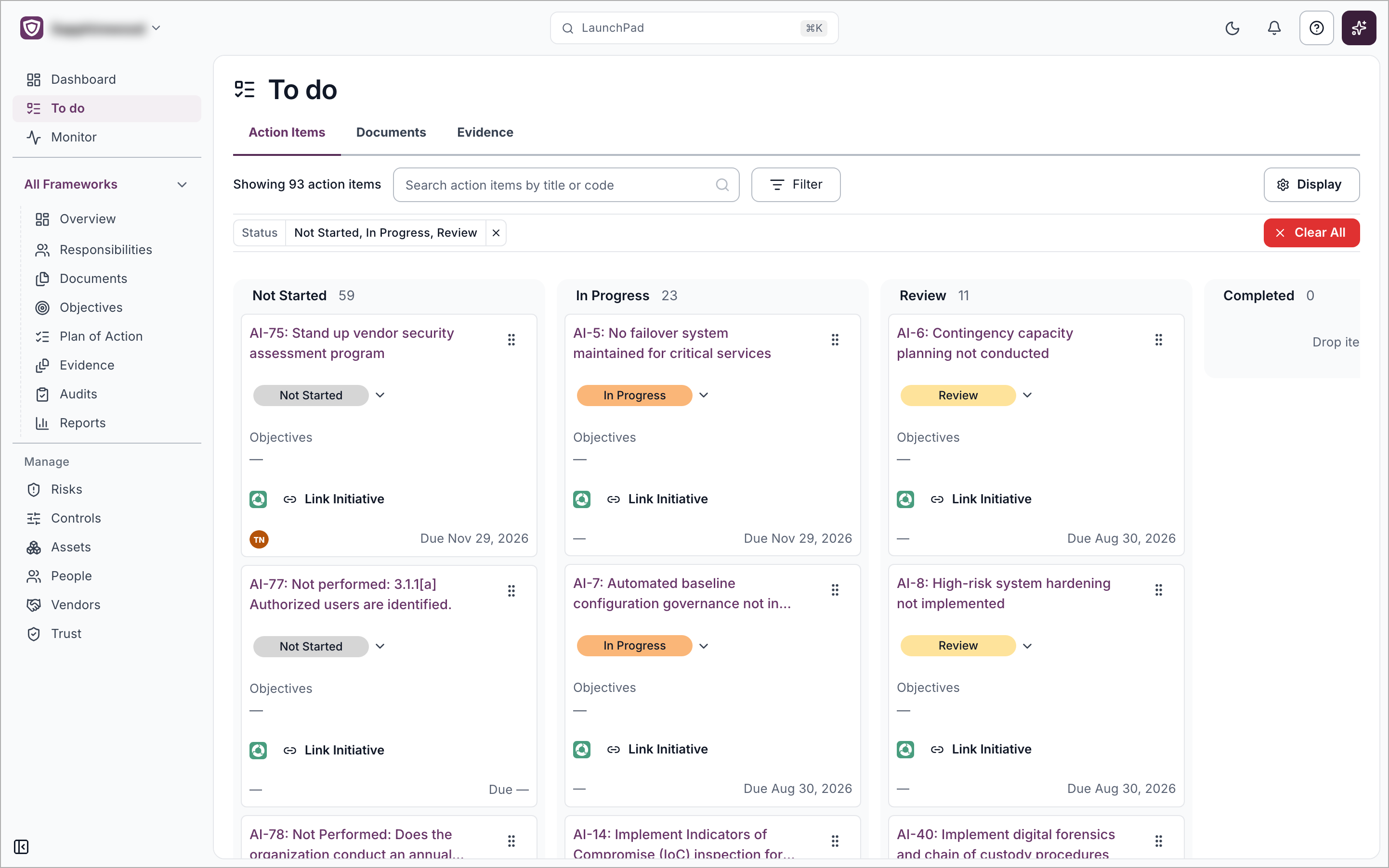 The Action Items tab in Kanban view with a Status filter chip and the lanes Not Started, In Progress and Review