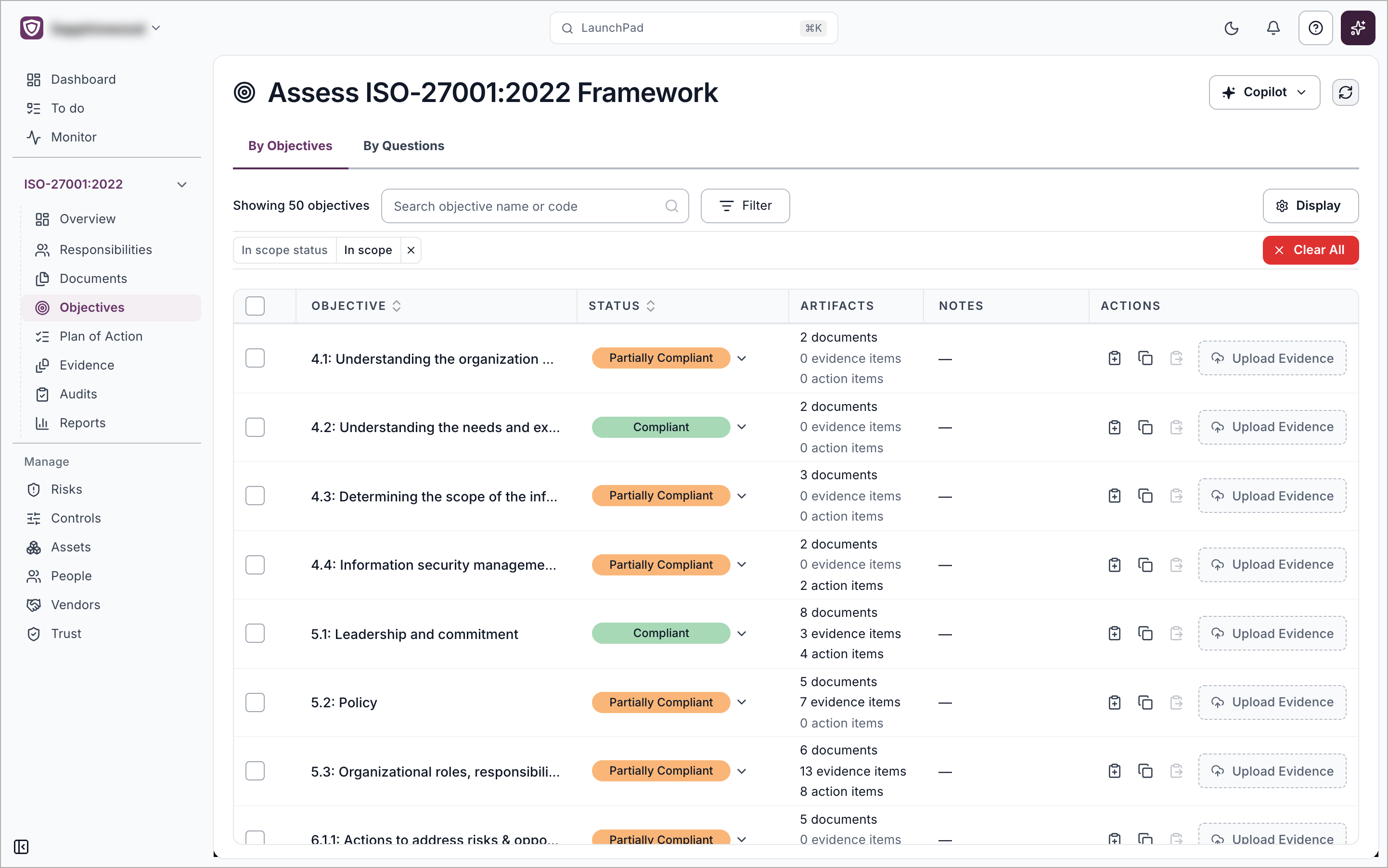 The By Objectives tab showing a table of objectives with their status, linked artifacts, notes and actions