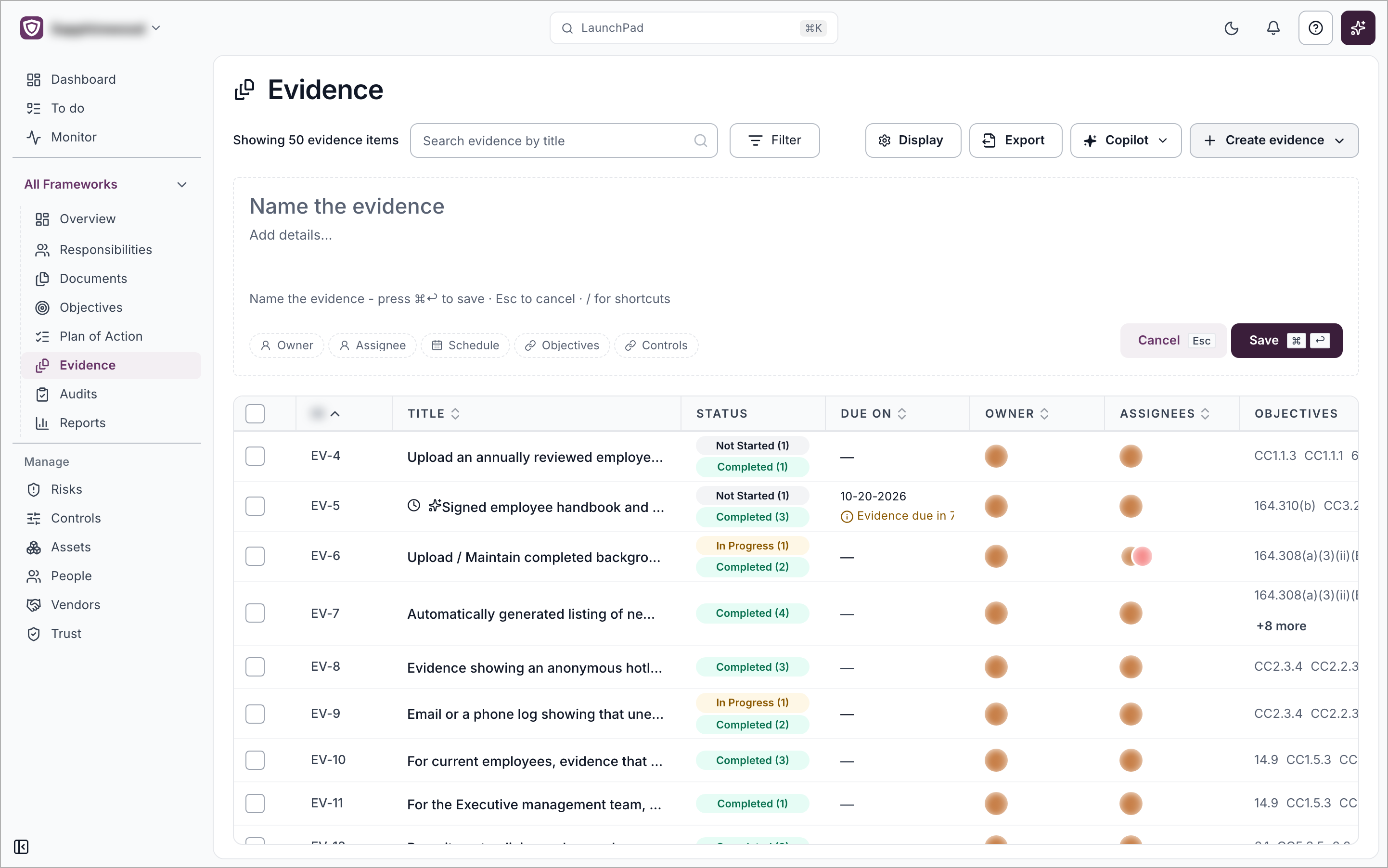 The create evidence panel above the evidence list