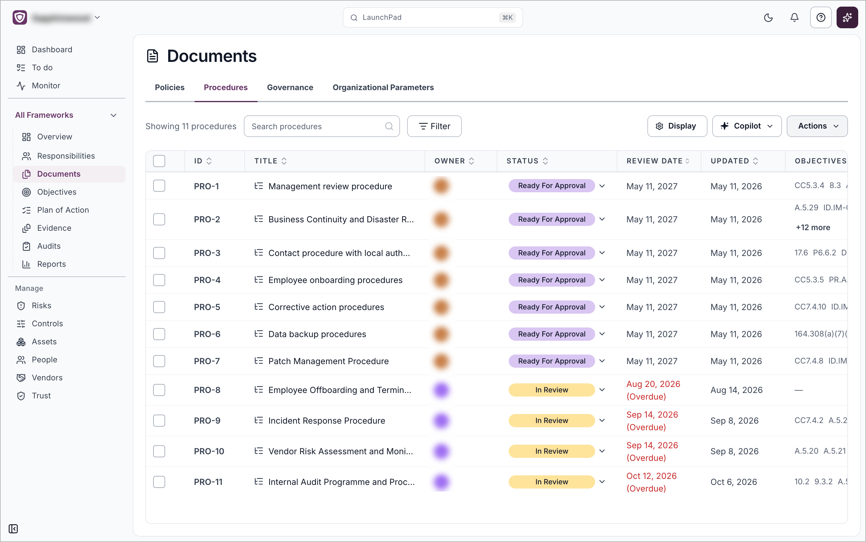 The Procedures tab, with overdue review dates shown in red