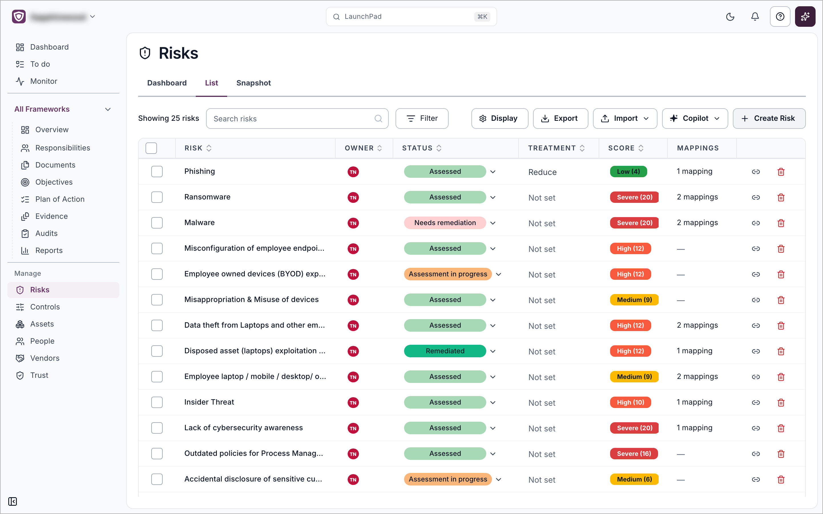 The Risks page open from the Manage group, with Risks highlighted in the sidebar