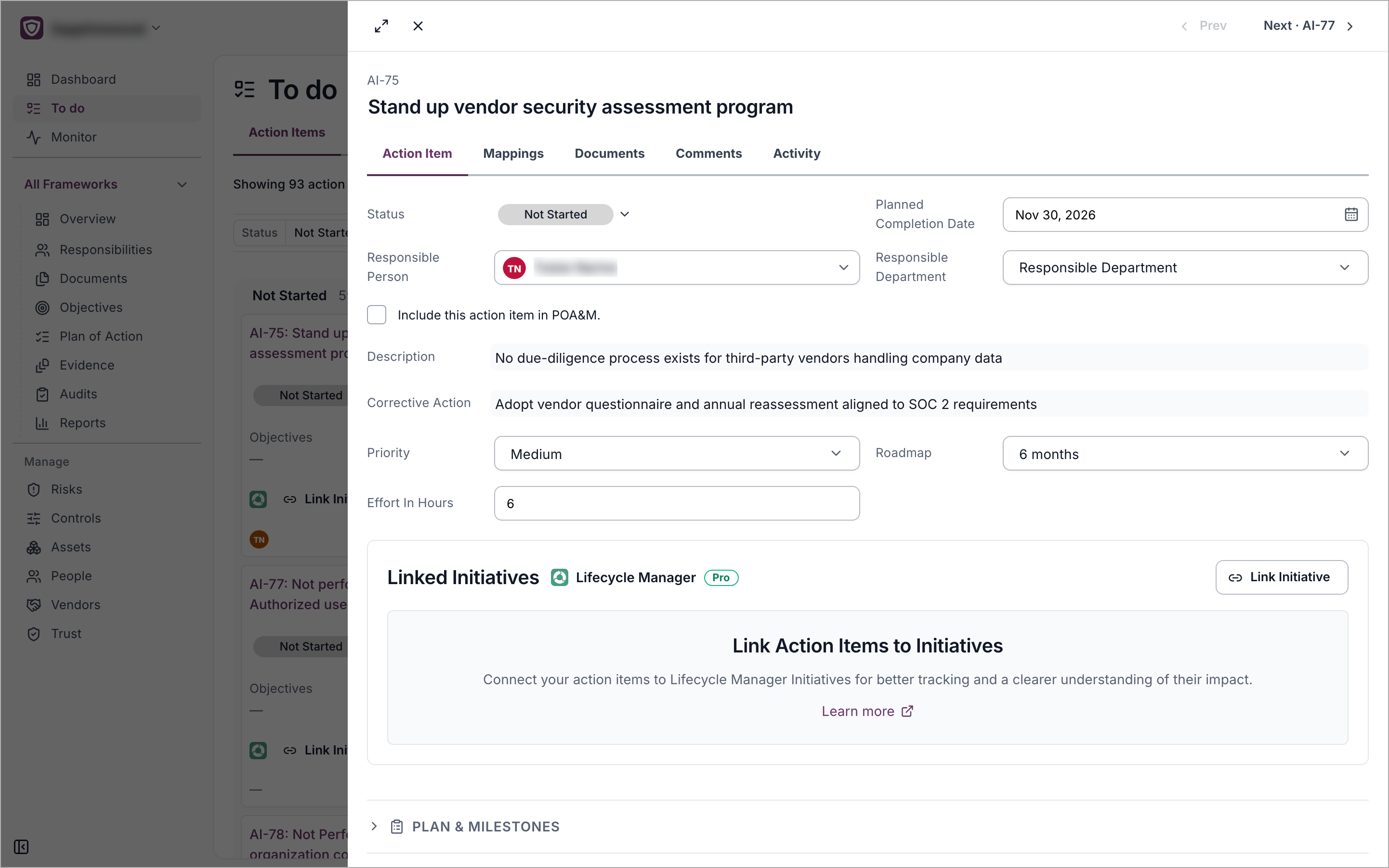 An action item panel open over the To do page, with the tabs Action Item, Mappings, Documents, Comments and Activity and Prev and Next arrows