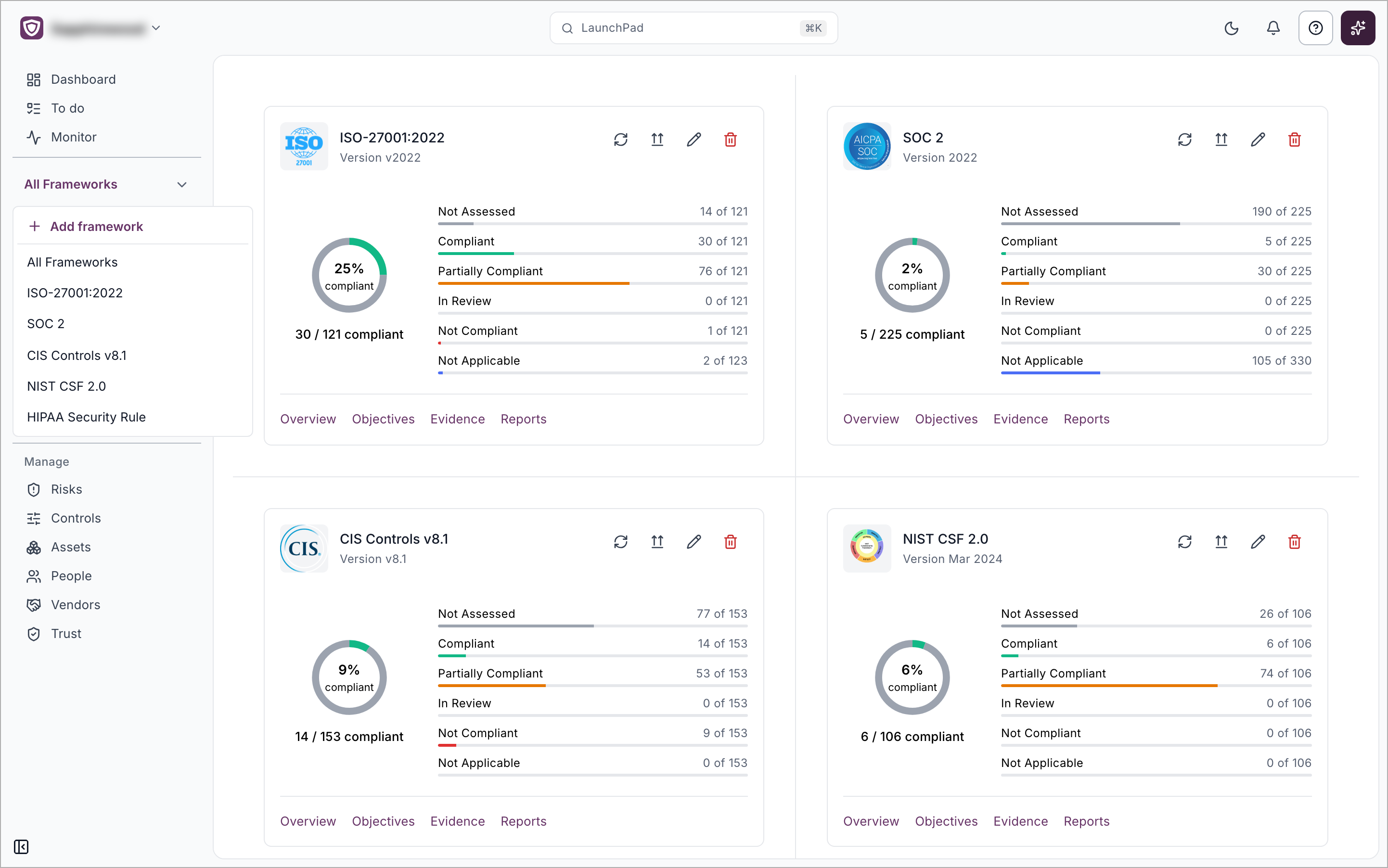 The framework switcher open in the sidebar, showing Add framework, All Frameworks and the client's frameworks