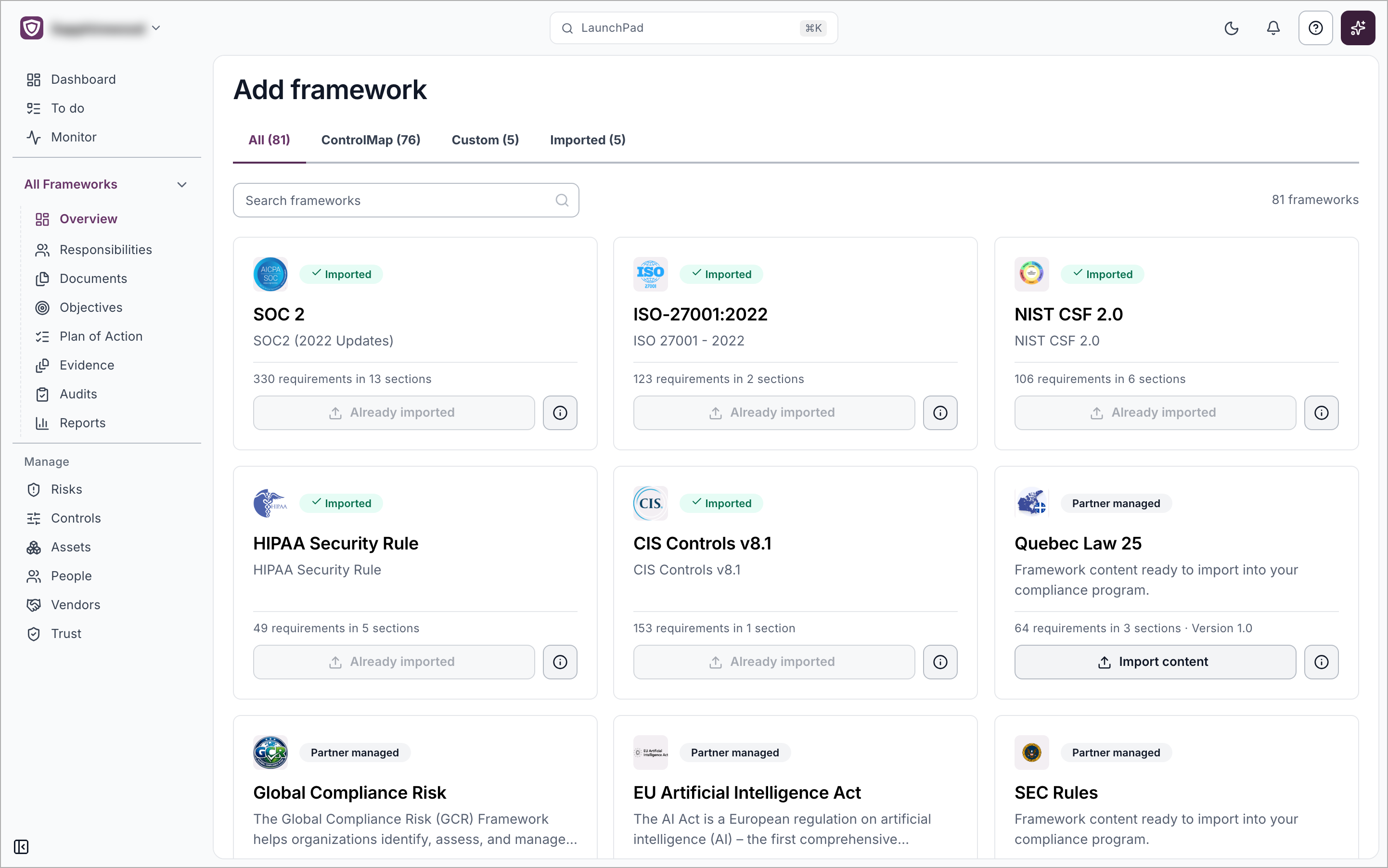The Add framework page showing the catalog tabs, search box and framework cards