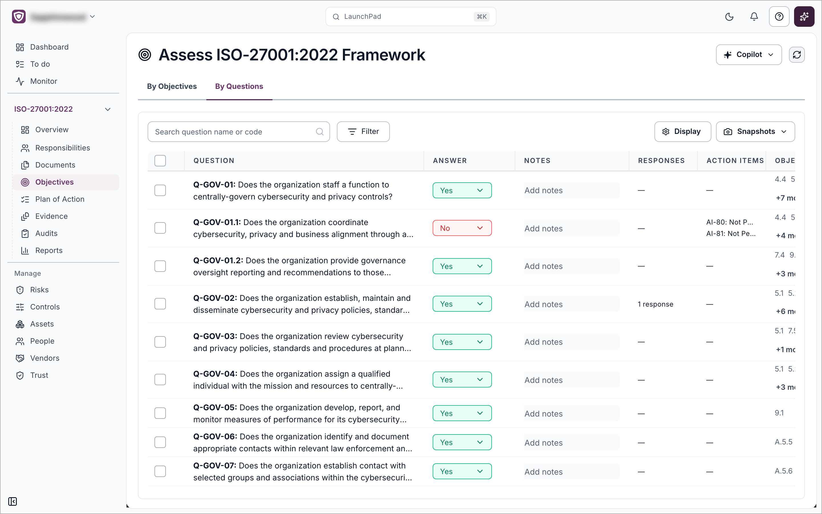 The By Questions tab showing a table of assessment questions with their answers, notes, responses, action items and objectives